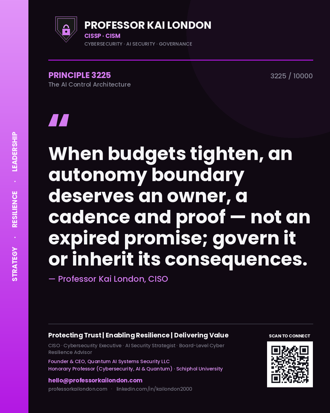 Quote card by Professor Kai London reading 'When budgets tighten, an autonomy boundary deserves an owner, a cadence and proof — not an expired promise; govern it or inherit its consequences.'. From the book The AI Control Architecture.