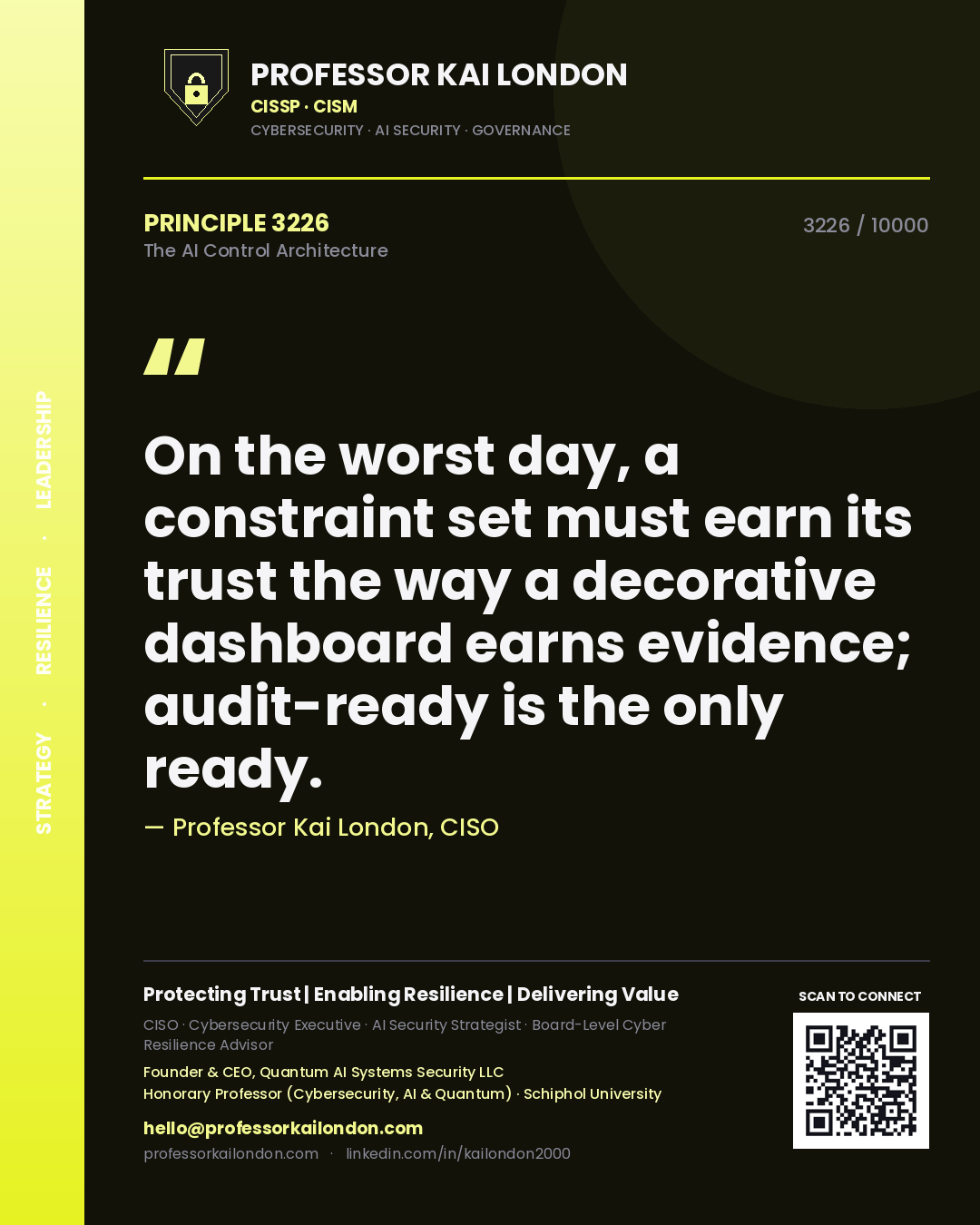 Quote card by Professor Kai London reading 'On the worst day, a constraint set must earn its trust the way a decorative dashboard earns evidence; audit-ready is the only ready.'. From the book The AI Control Architecture.