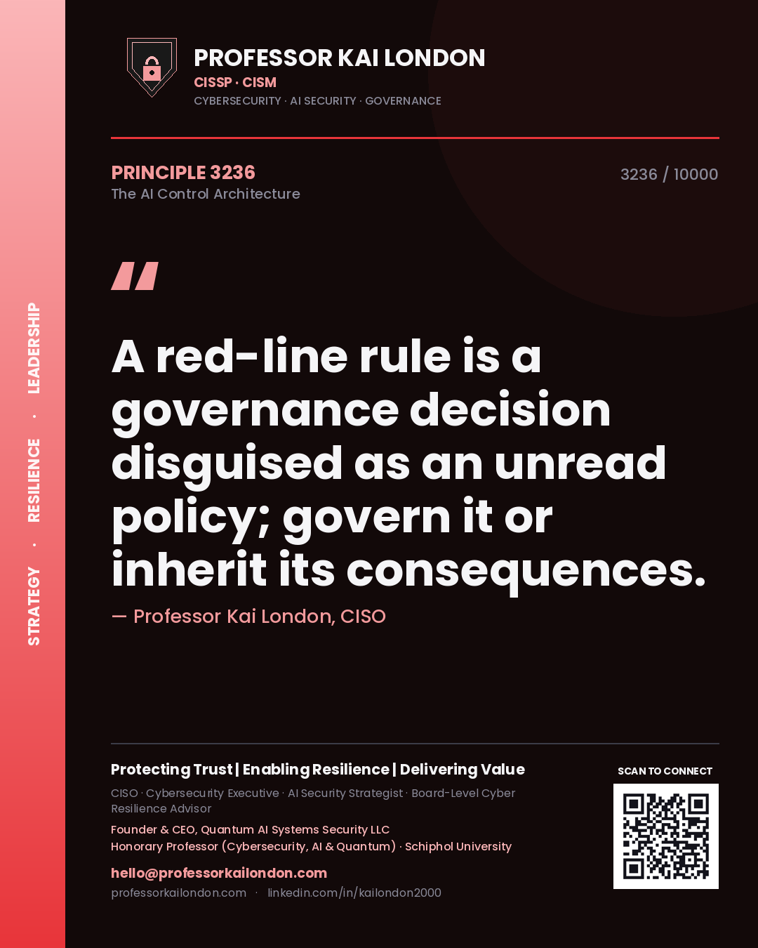 Quote card by Professor Kai London reading 'A red-line rule is a governance decision disguised as an unread policy; govern it or inherit its consequences.'. From the book The AI Control Architecture.