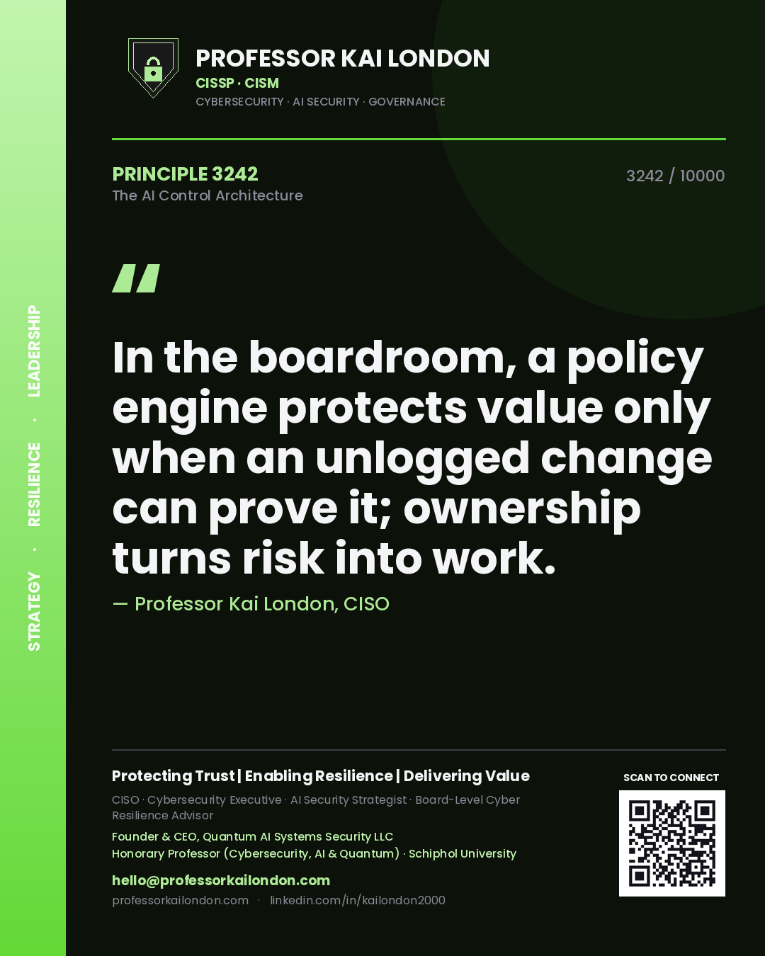 Professor Kai London principle 3242: In the boardroom, a policy engine protects value only when an unlogged change can prove it; ownership turns risk into work.