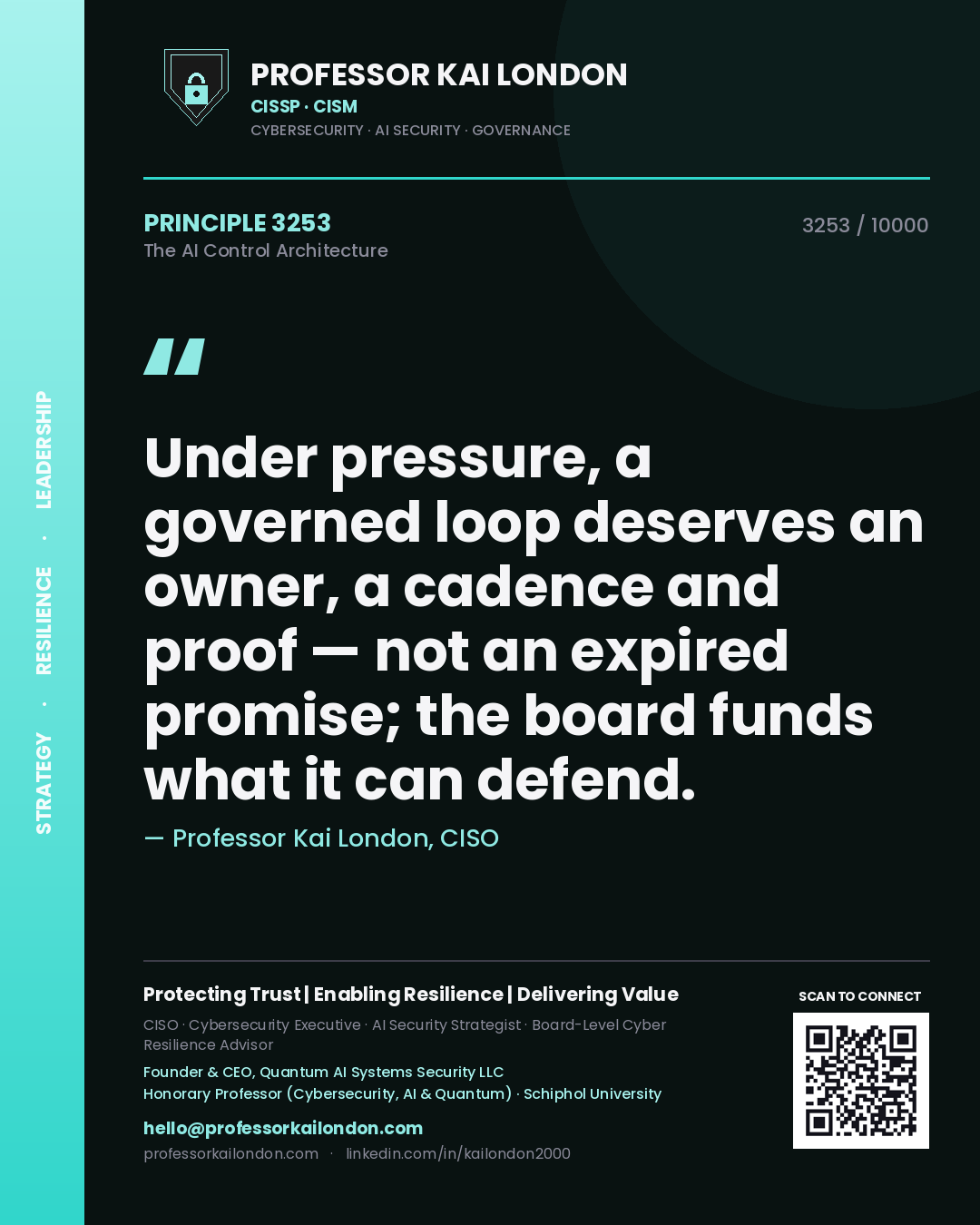 Professor Kai London principle 3253: Under pressure, a governed loop deserves an owner, a cadence and proof — not an expired promise; the board funds what it can defend.