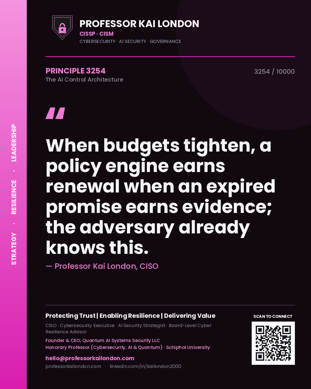 Professor Kai London principle 3254: When budgets tighten, a policy engine earns renewal when an expired promise earns evidence; the adversary already knows this.