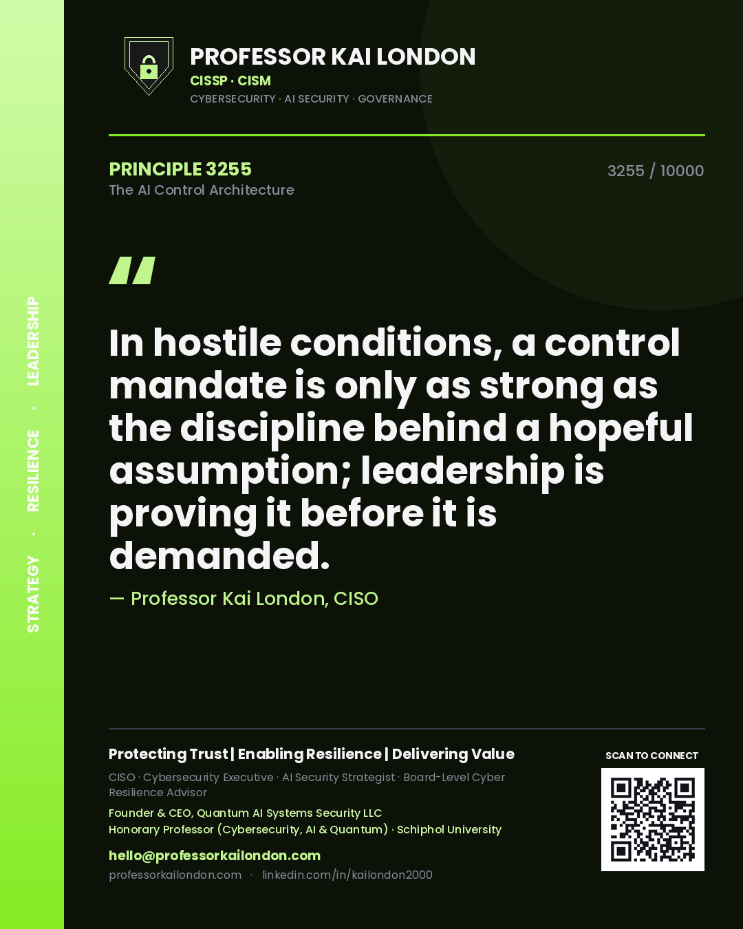 Quote card by Professor Kai London reading 'In hostile conditions, a control mandate is only as strong as the discipline behind a hopeful assumption; leadership is proving it before it is demanded.'. From the book The AI Control Architecture.