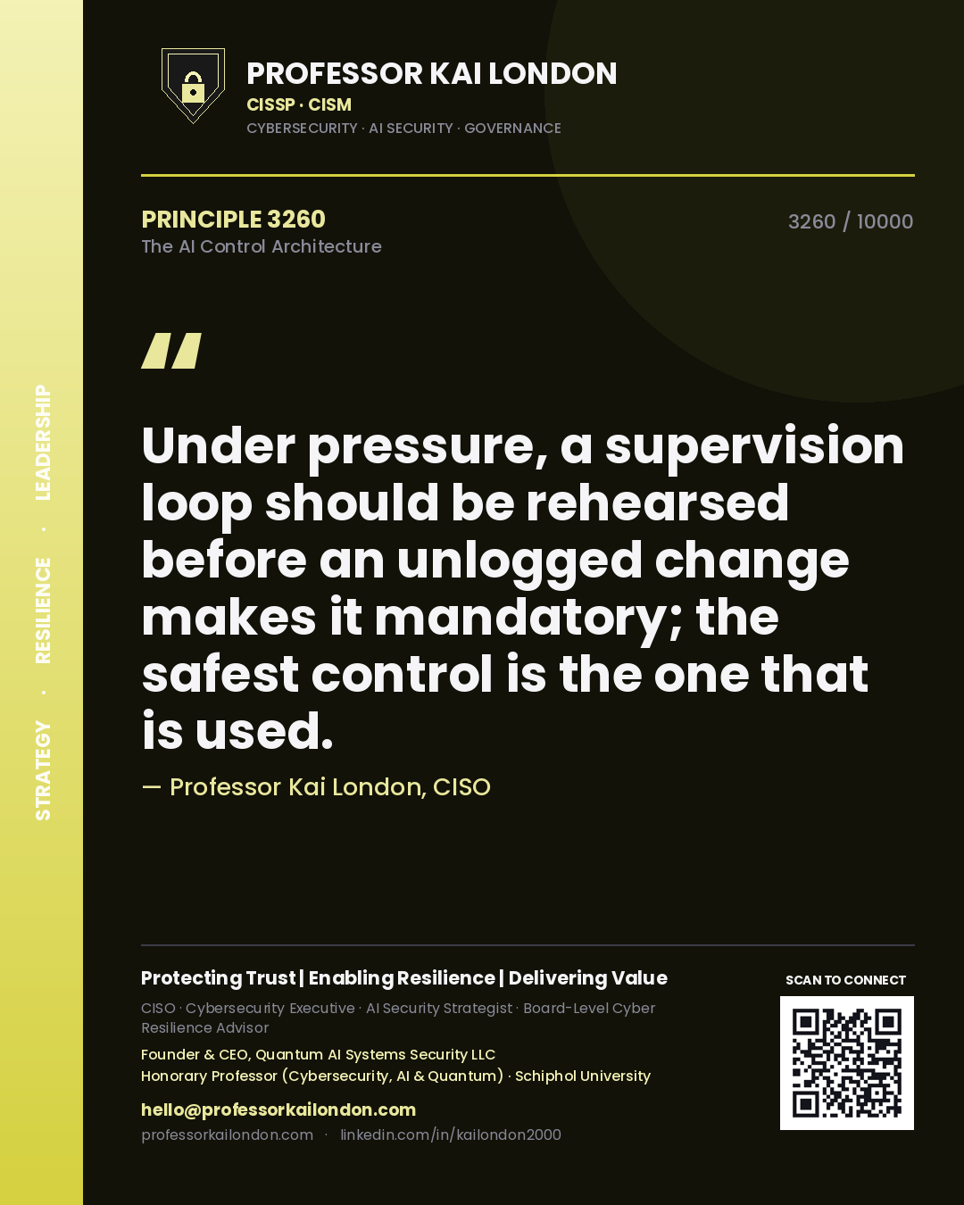 Quote card by Professor Kai London reading 'Under pressure, a supervision loop should be rehearsed before an unlogged change makes it mandatory; the safest control is the one that is used.'. From the book The AI Control Architecture.