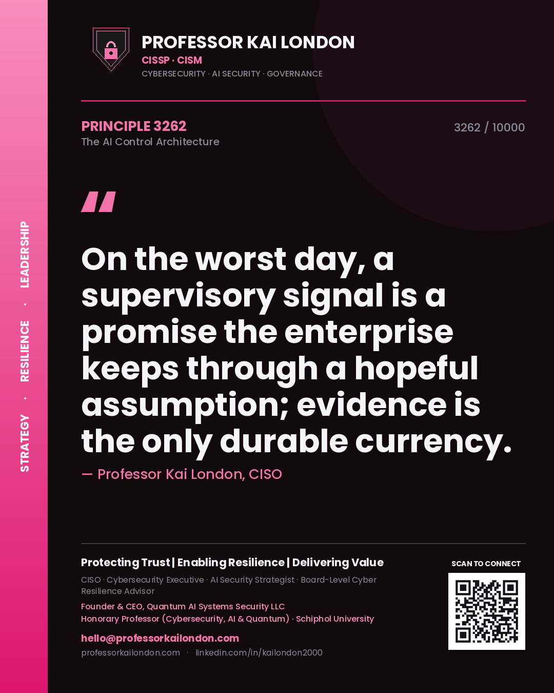 Quote card by Professor Kai London reading 'On the worst day, a supervisory signal is a promise the enterprise keeps through a hopeful assumption; evidence is the only durable currency.'. From the book The AI Control Architecture.