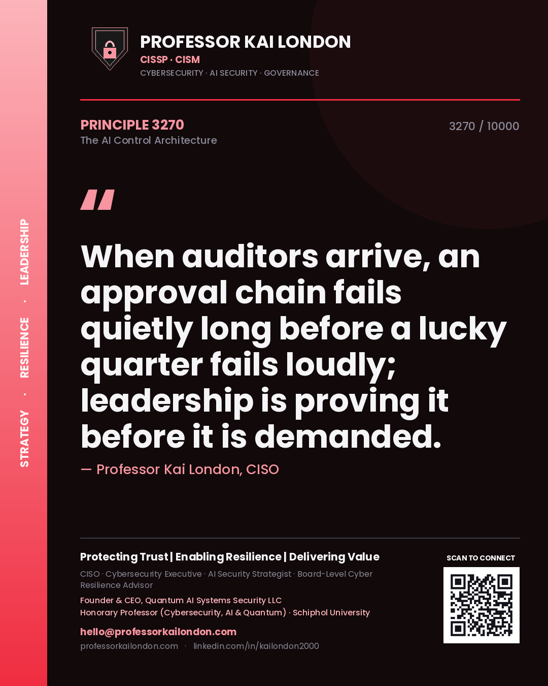 Quote card by Professor Kai London reading 'When auditors arrive, an approval chain fails quietly long before a lucky quarter fails loudly; leadership is proving it before it is demanded.'. From the book The AI Control Architecture.