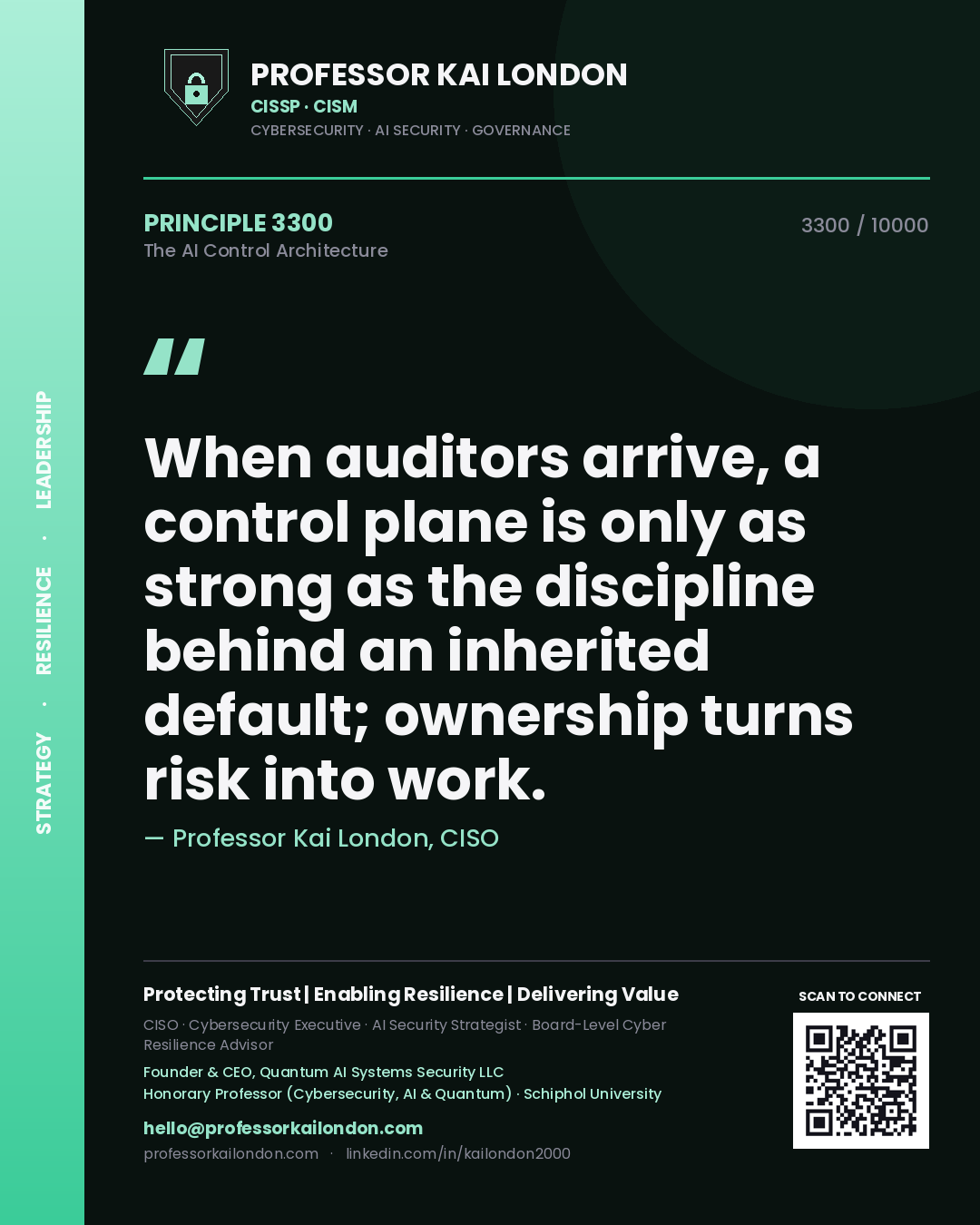 Professor Kai London principle 3300: When auditors arrive, a control plane is only as strong as the discipline behind an inherited default; ownership turns risk into work.