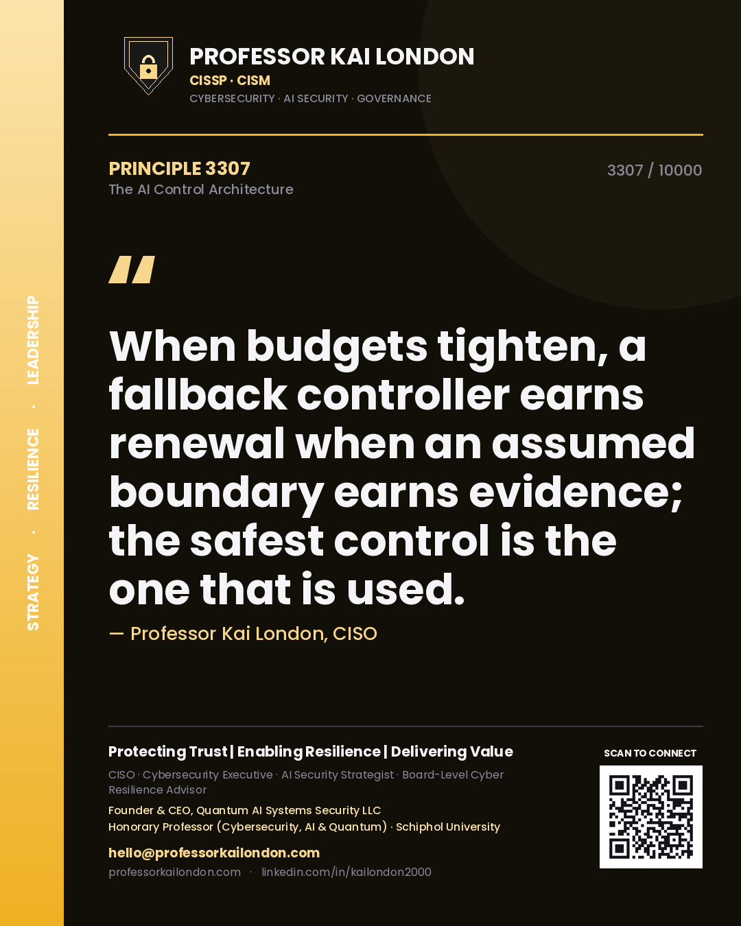 Professor Kai London principle 3307: When budgets tighten, a fallback controller earns renewal when an assumed boundary earns evidence; the safest control is the one that is used.