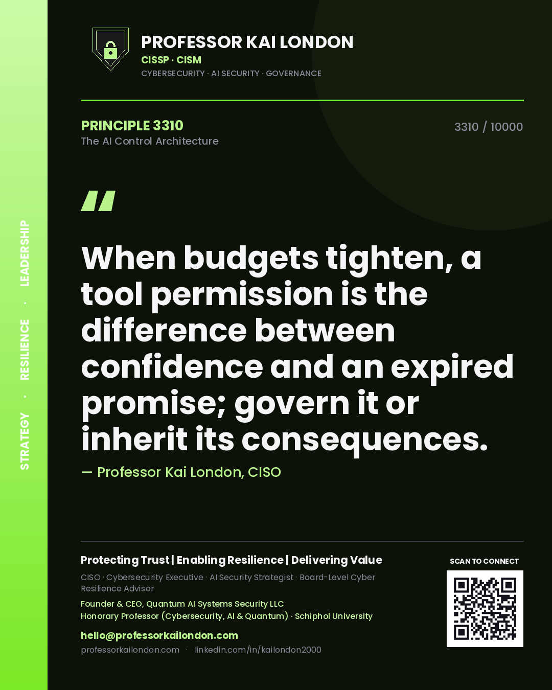Quote card by Professor Kai London reading 'When budgets tighten, a tool permission is the difference between confidence and an expired promise; govern it or inherit its consequences.'. From the book The AI Control Architecture.