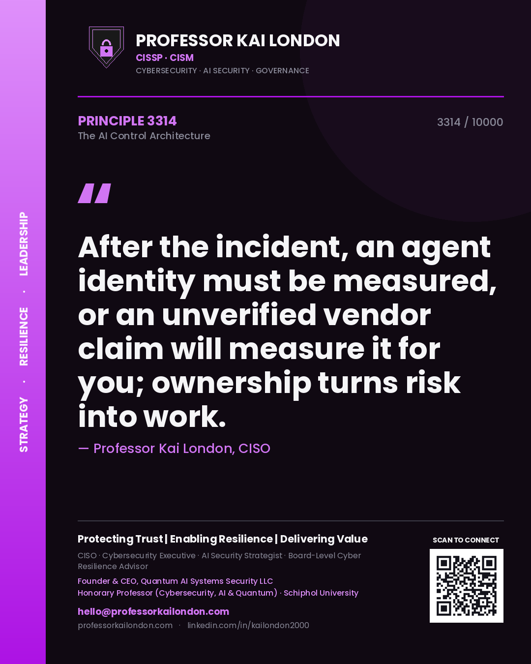 Quote card by Professor Kai London reading 'After the incident, an agent identity must be measured, or an unverified vendor claim will measure it for you; ownership turns risk into work.'. From the book The AI Control Architecture.