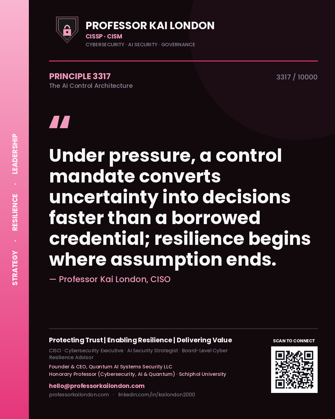 Professor Kai London principle 3317: Under pressure, a control mandate converts uncertainty into decisions faster than a borrowed credential; resilience begins where assumption ends.