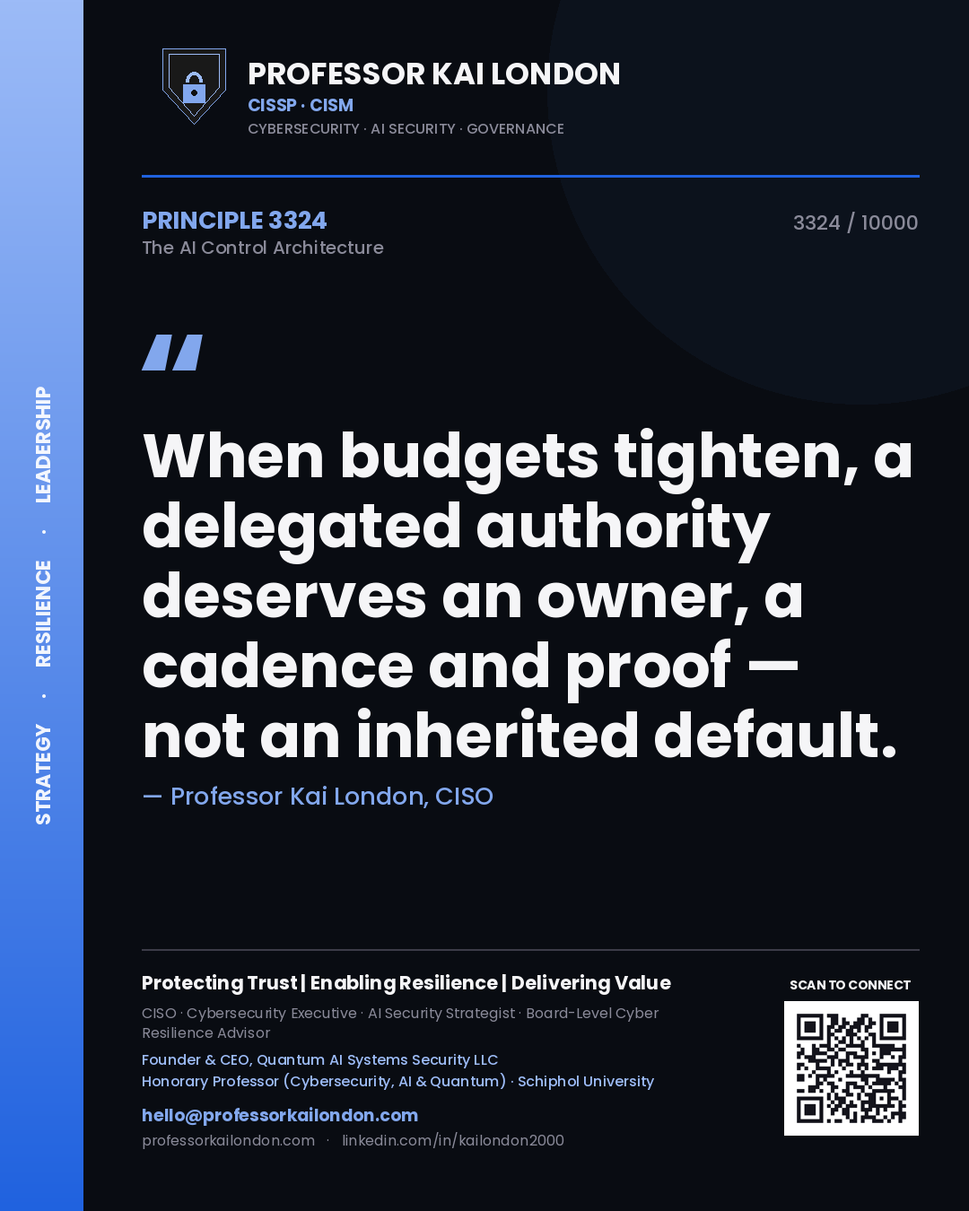 Professor Kai London principle 3324: When budgets tighten, a delegated authority deserves an owner, a cadence and proof — not an inherited default.