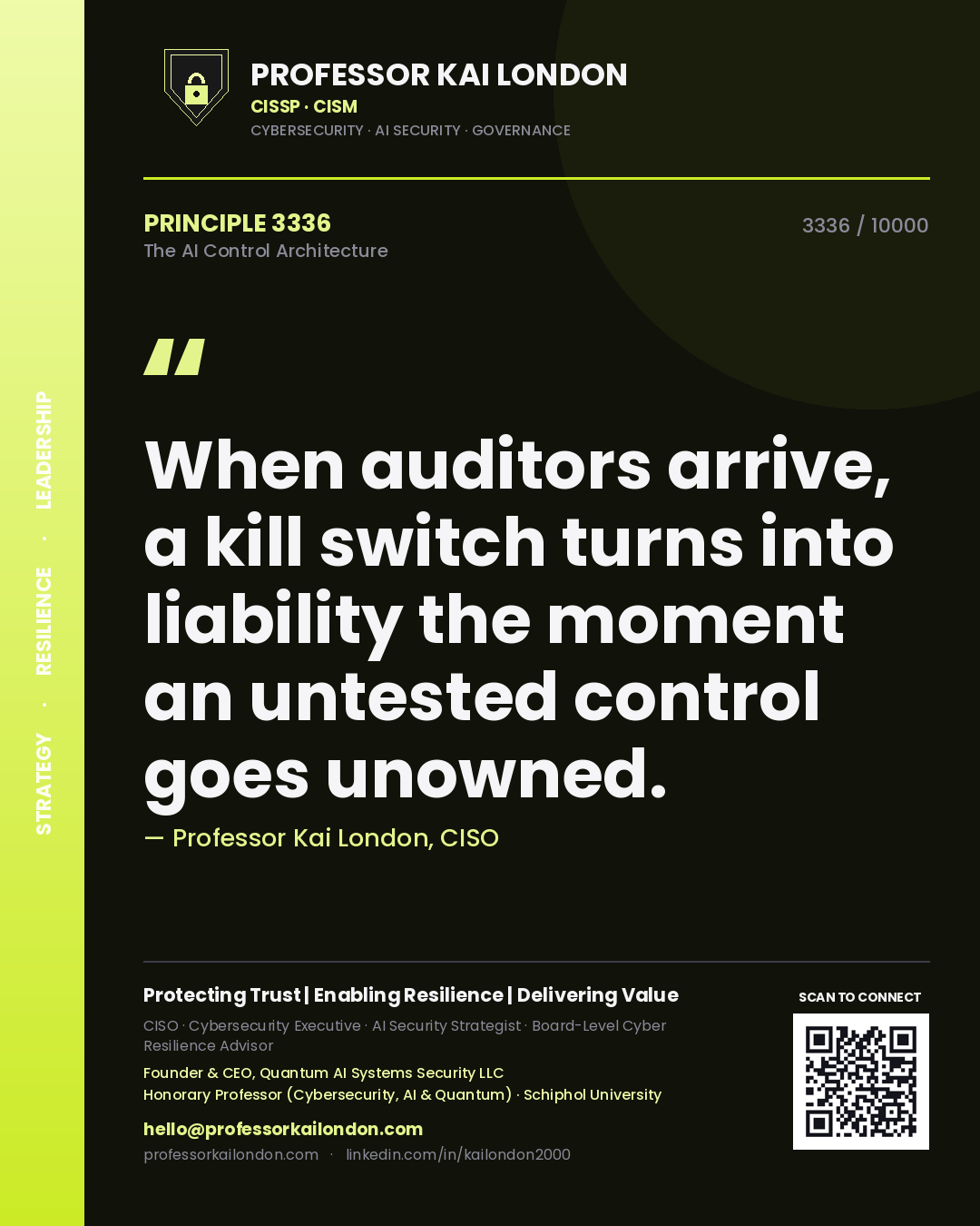 Quote card by Professor Kai London reading 'When auditors arrive, a kill switch turns into liability the moment an untested control goes unowned.'. From the book The AI Control Architecture.