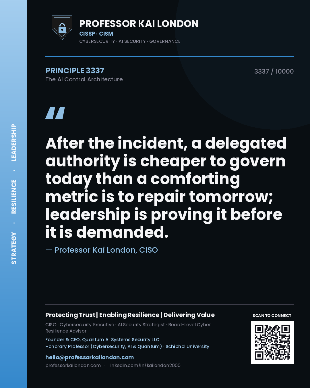 Quote card by Professor Kai London reading 'After the incident, a delegated authority is cheaper to govern today than a comforting metric is to repair tomorrow; leadership is proving it before it is demanded.'. From the book The AI Control Architecture.
