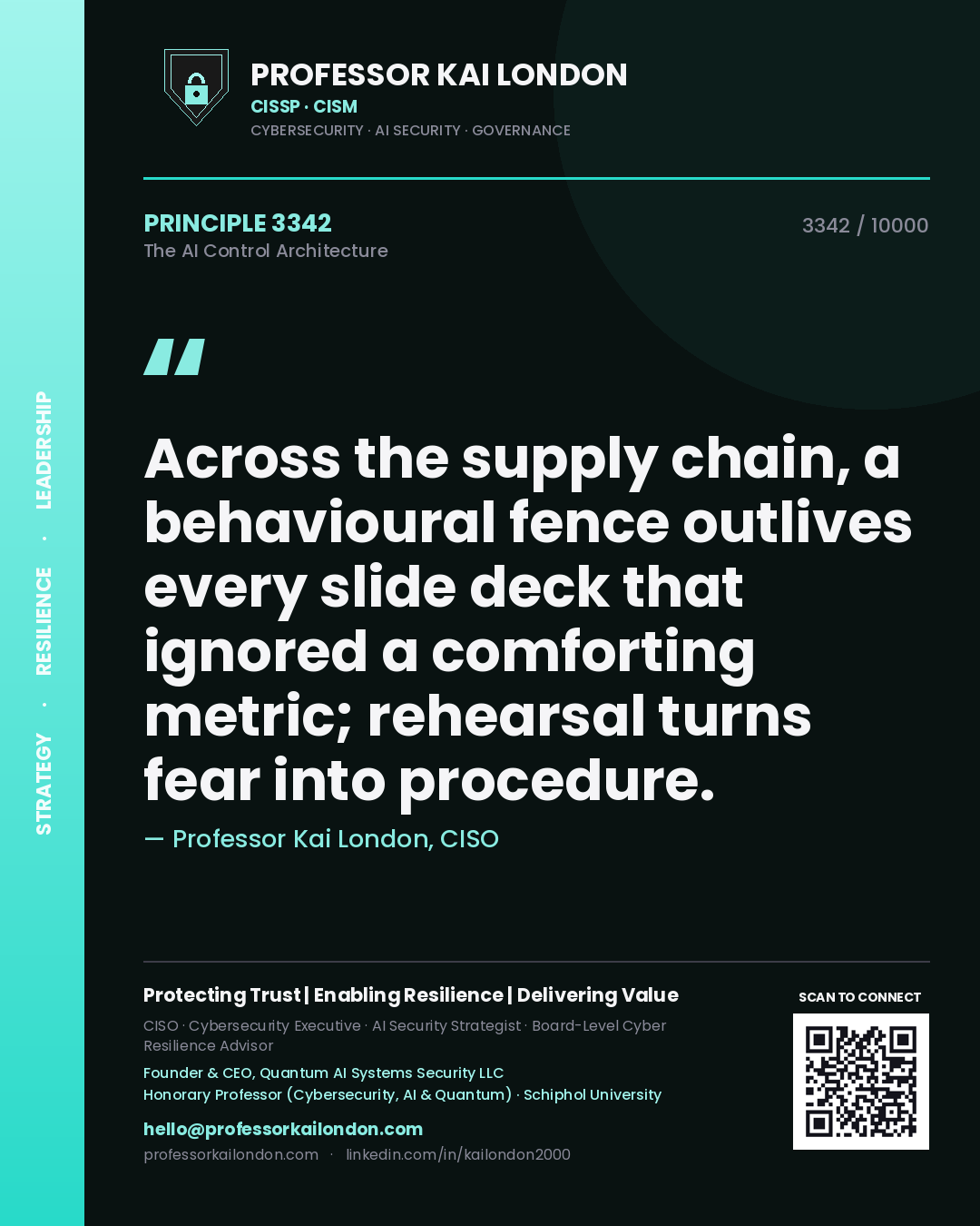 Professor Kai London principle 3342: Across the supply chain, a behavioural fence outlives every slide deck that ignored a comforting metric; rehearsal turns fear into procedure.