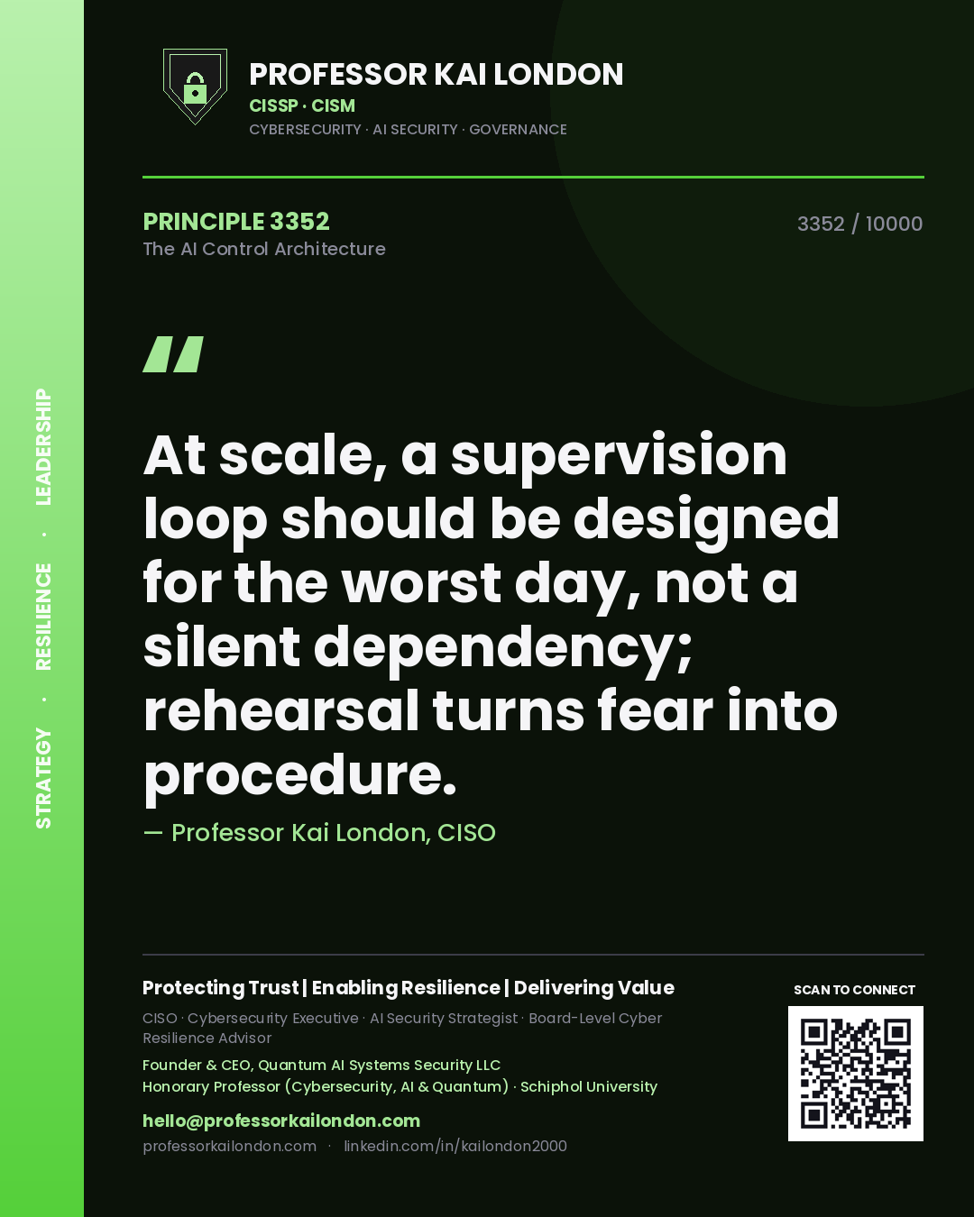 Professor Kai London principle 3352: At scale, a supervision loop should be designed for the worst day, not a silent dependency; rehearsal turns fear into procedure.