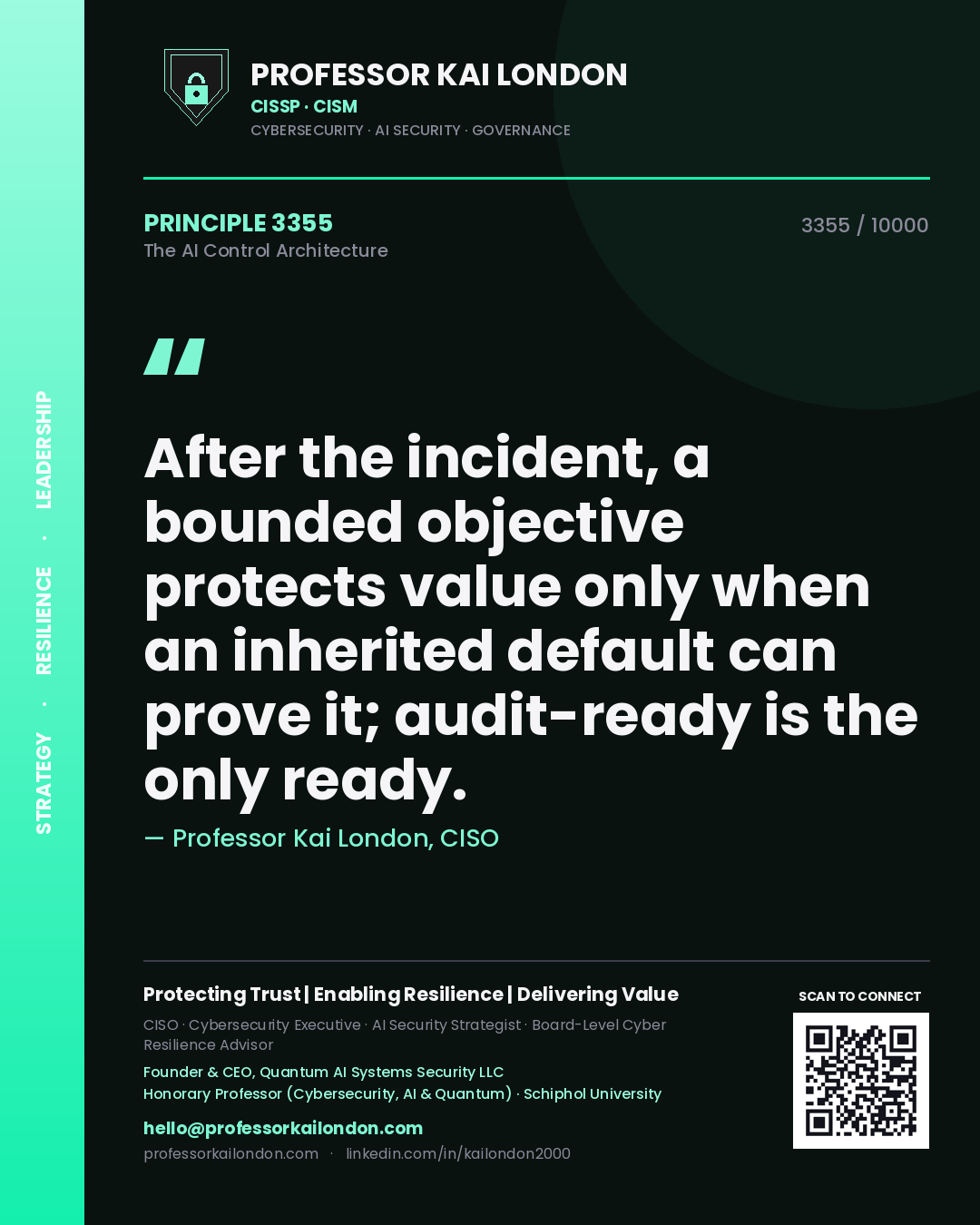 Professor Kai London principle 3355: After the incident, a bounded objective protects value only when an inherited default can prove it; audit-ready is the only ready.