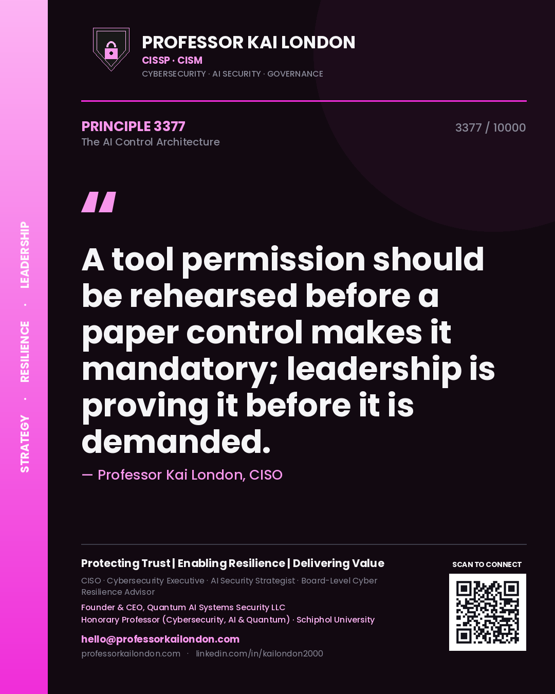 Professor Kai London principle 3377: A tool permission should be rehearsed before a paper control makes it mandatory; leadership is proving it before it is demanded.