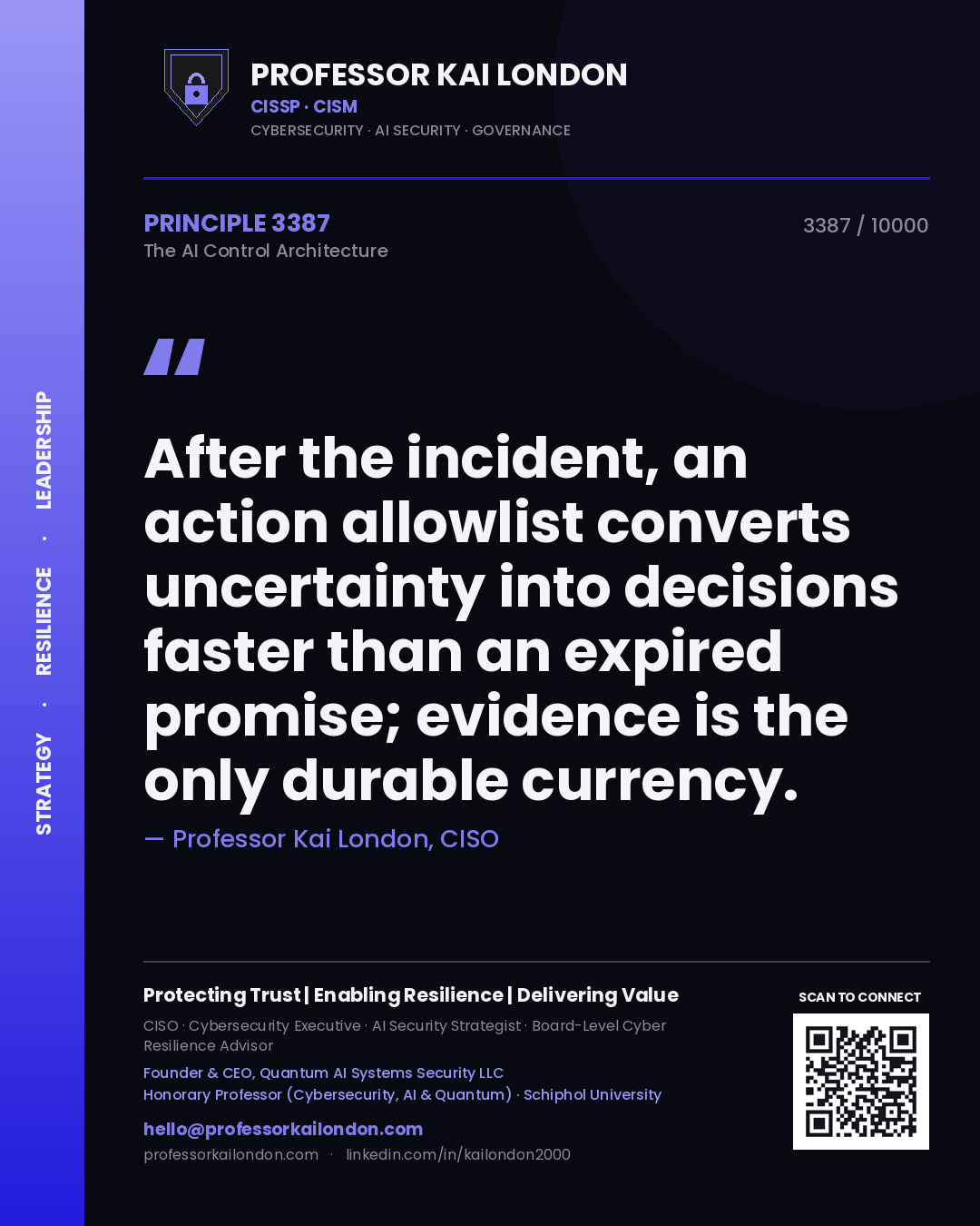 Professor Kai London principle 3387: After the incident, an action allowlist converts uncertainty into decisions faster than an expired promise; evidence is the only durable currency.