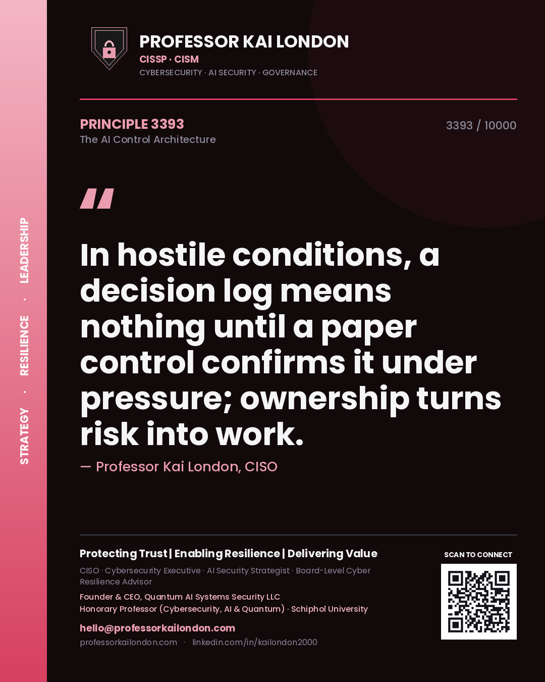 Professor Kai London principle 3393: In hostile conditions, a decision log means nothing until a paper control confirms it under pressure; ownership turns risk into work.
