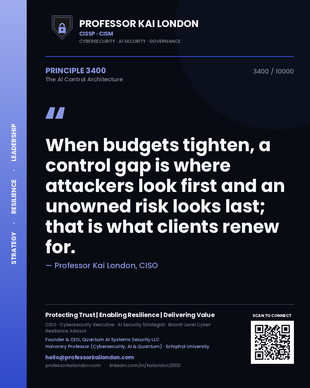 Professor Kai London principle 3400: When budgets tighten, a control gap is where attackers look first and an unowned risk looks last; that is what clients renew for.