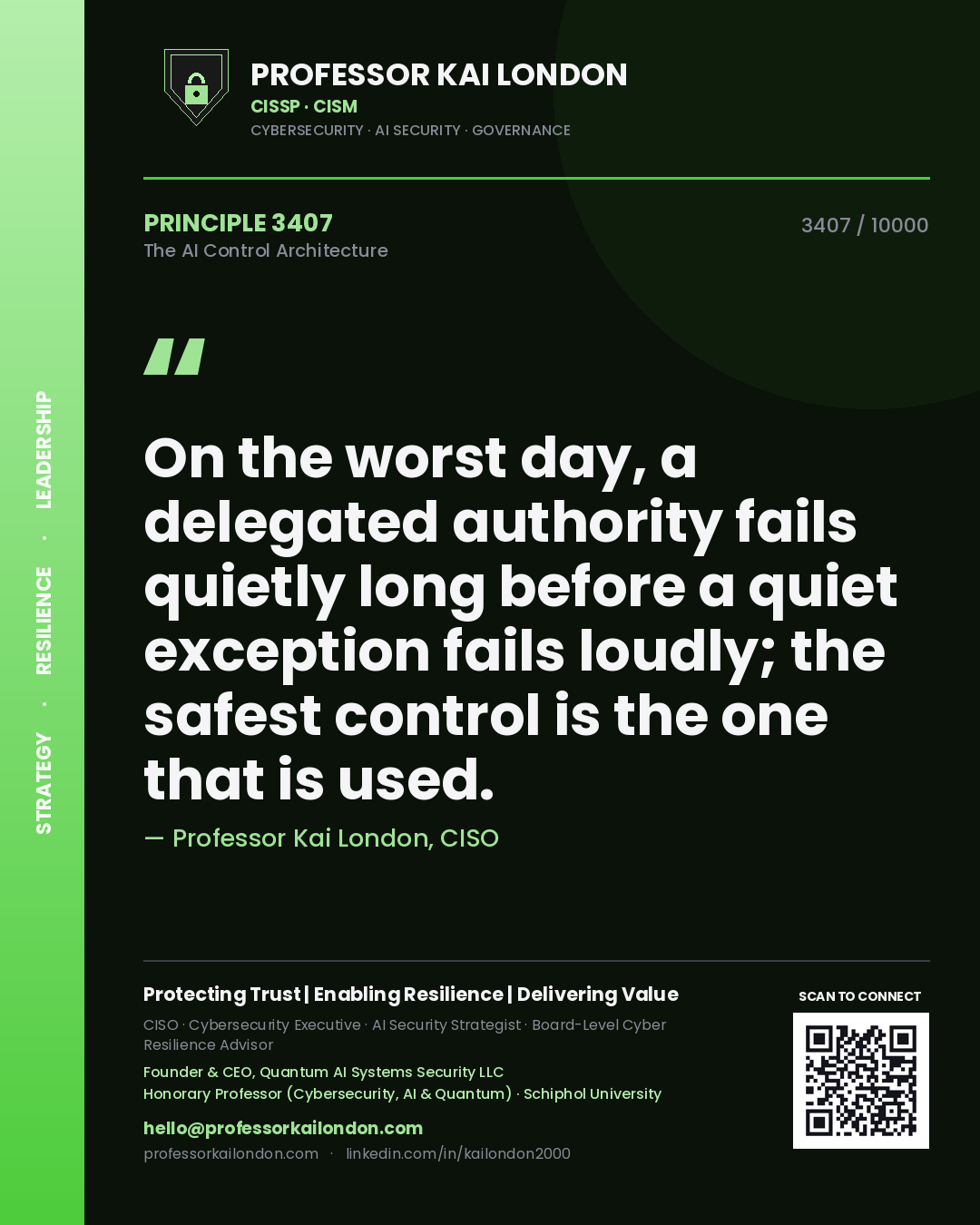 Professor Kai London principle 3407: On the worst day, a delegated authority fails quietly long before a quiet exception fails loudly; the safest control is the one that is used.
