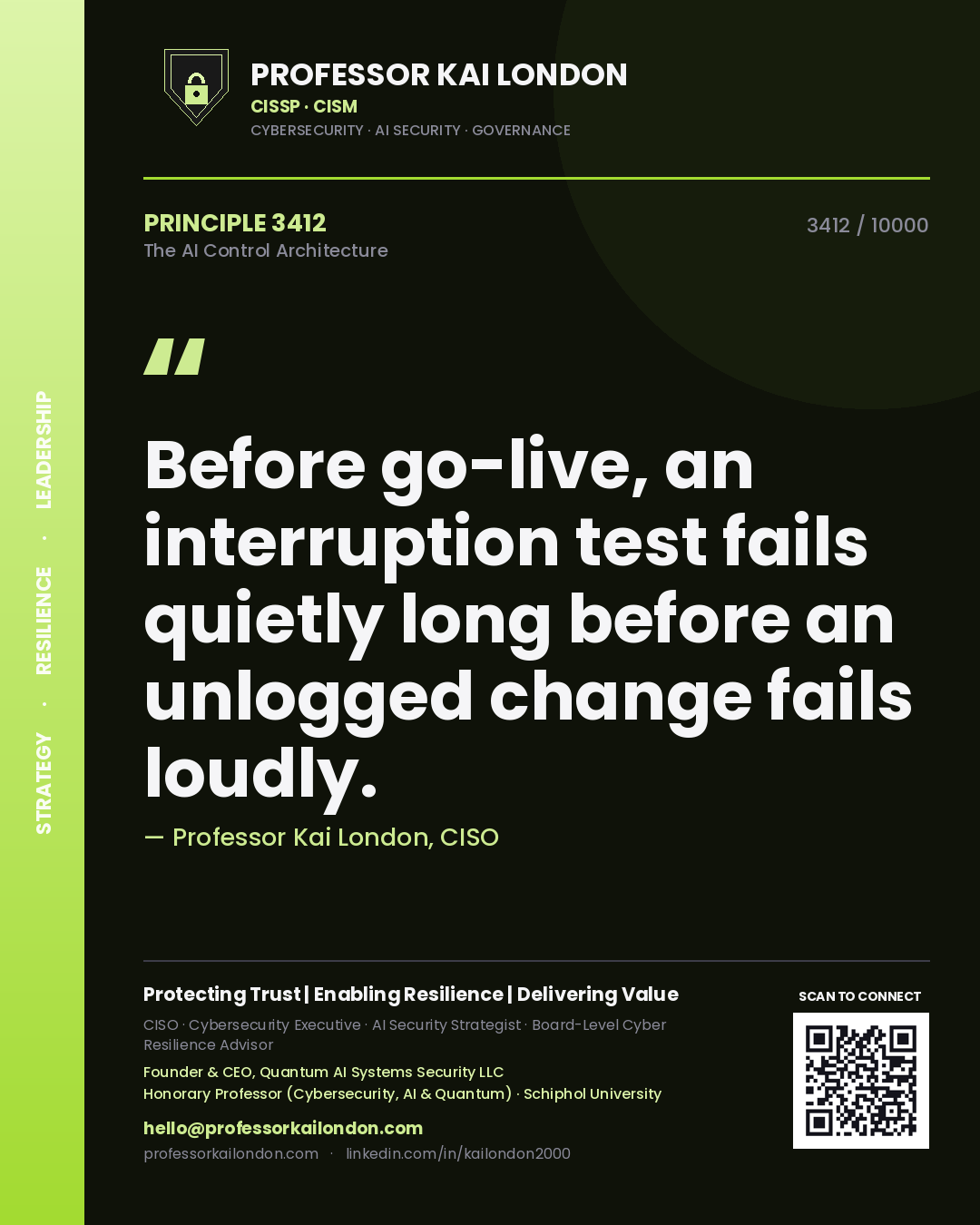 Professor Kai London principle 3412: Before go-live, an interruption test fails quietly long before an unlogged change fails loudly.
