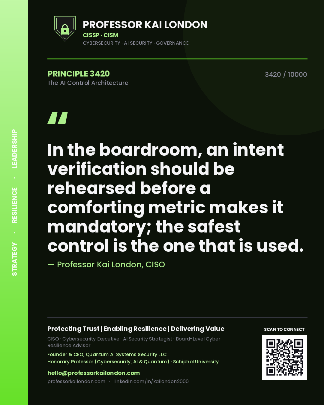 Professor Kai London principle 3420: In the boardroom, an intent verification should be rehearsed before a comforting metric makes it mandatory; the safest control is the one that is used.