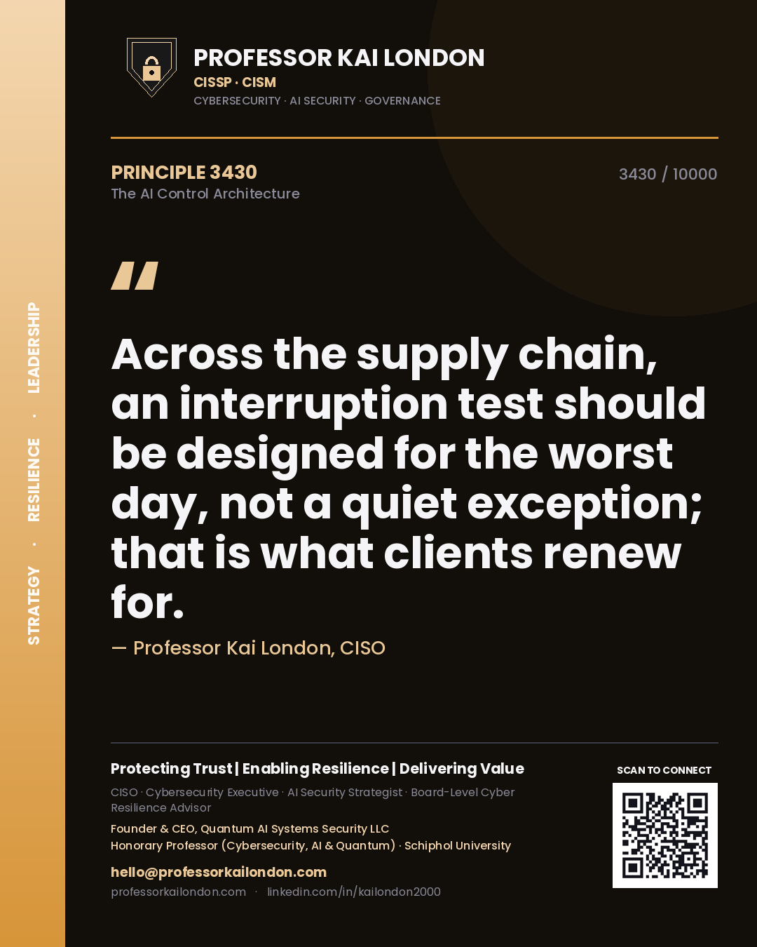Professor Kai London principle 3430: Across the supply chain, an interruption test should be designed for the worst day, not a quiet exception; that is what clients renew for.