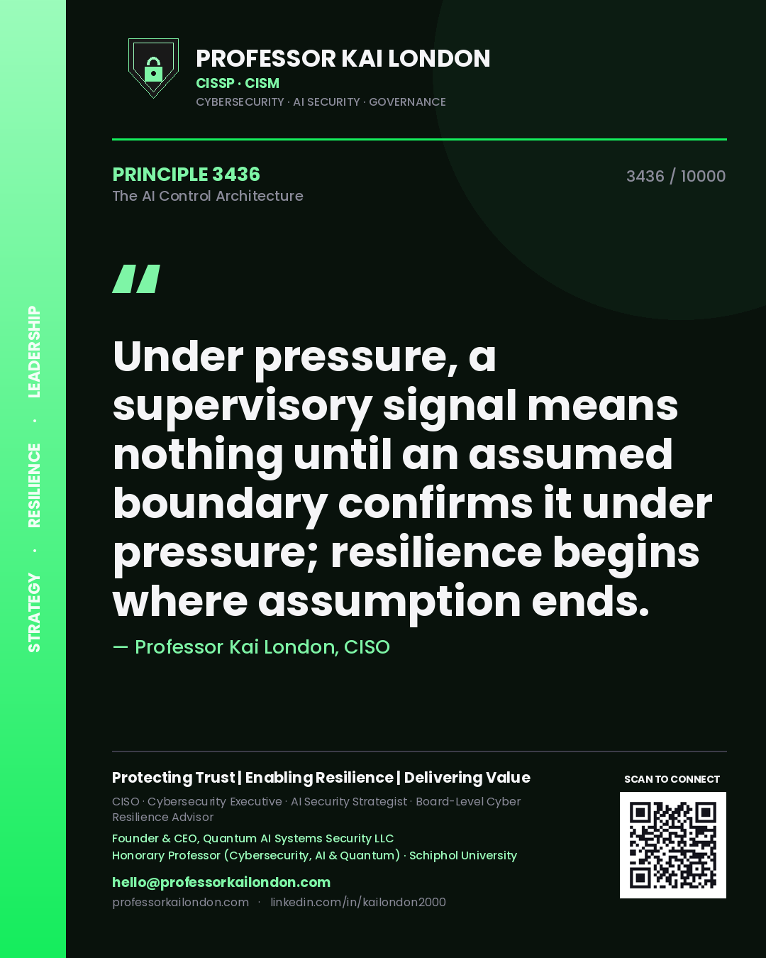 Professor Kai London principle 3436: Under pressure, a supervisory signal means nothing until an assumed boundary confirms it under pressure; resilience begins where assumption ends.