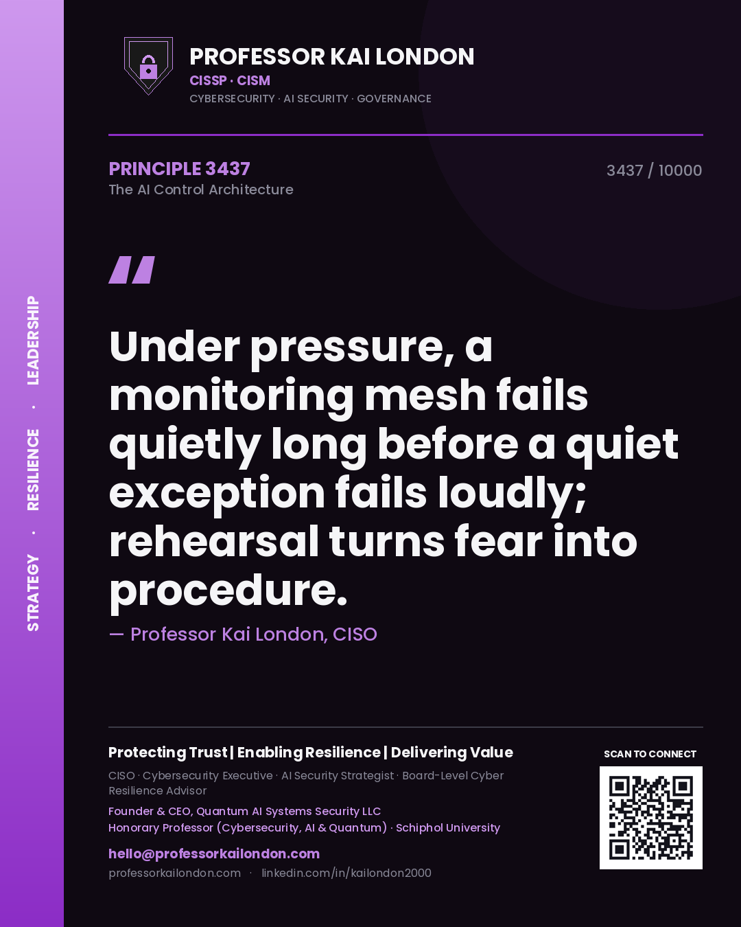 Professor Kai London principle 3437: Under pressure, a monitoring mesh fails quietly long before a quiet exception fails loudly; rehearsal turns fear into procedure.