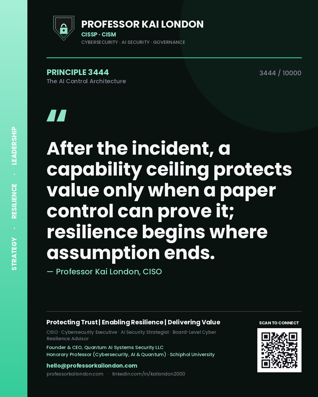Quote card by Professor Kai London reading 'After the incident, a capability ceiling protects value only when a paper control can prove it; resilience begins where assumption ends.'. From the book The AI Control Architecture.