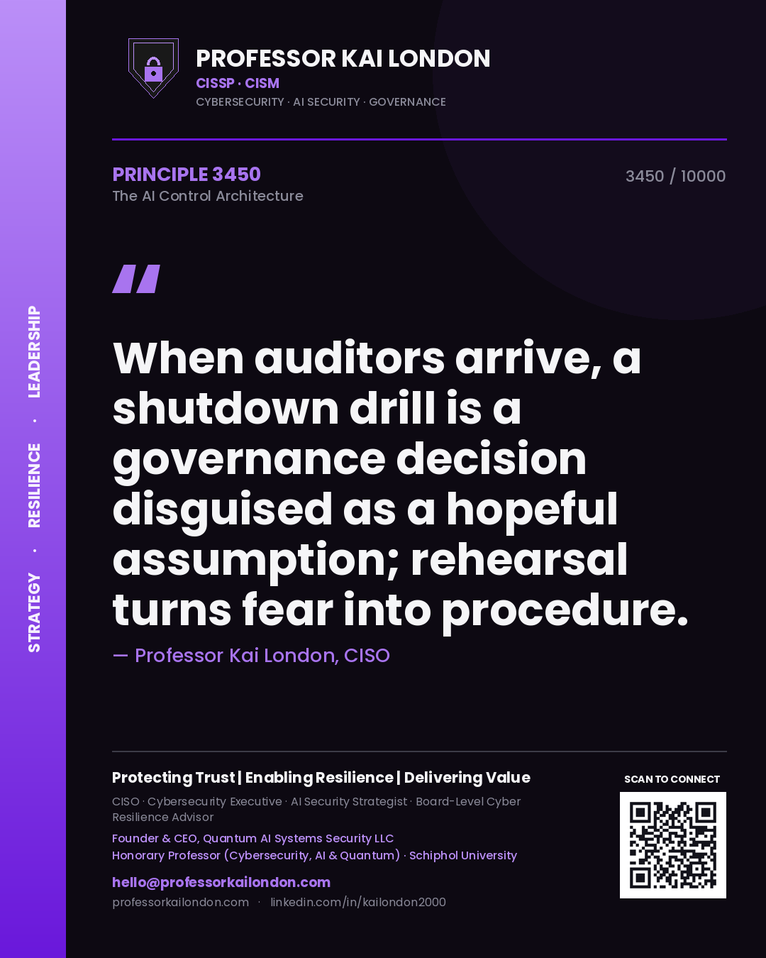 Quote card by Professor Kai London reading 'When auditors arrive, a shutdown drill is a governance decision disguised as a hopeful assumption; rehearsal turns fear into procedure.'. From the book The AI Control Architecture.