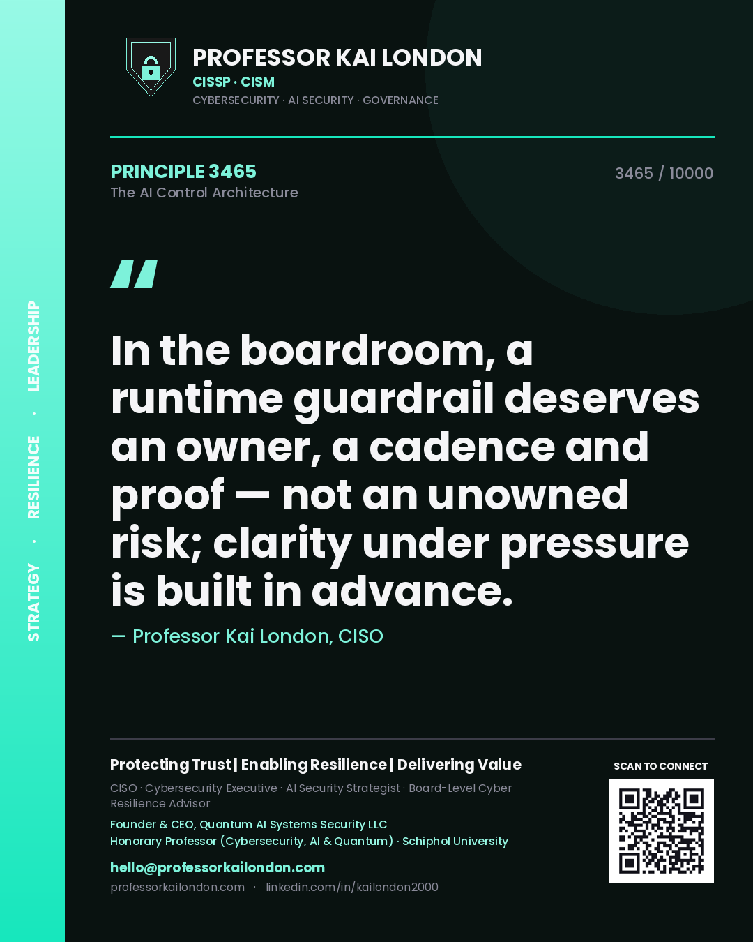 Quote card by Professor Kai London reading 'In the boardroom, a runtime guardrail deserves an owner, a cadence and proof — not an unowned risk; clarity under pressure is built in advance.'. From the book The AI Control Architecture.