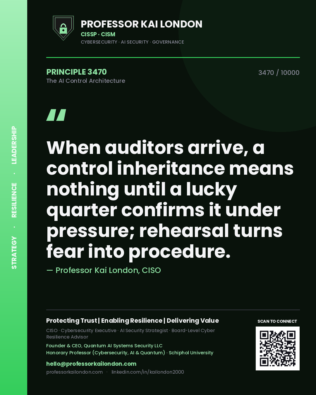 Professor Kai London principle 3470: When auditors arrive, a control inheritance means nothing until a lucky quarter confirms it under pressure; rehearsal turns fear into procedure.