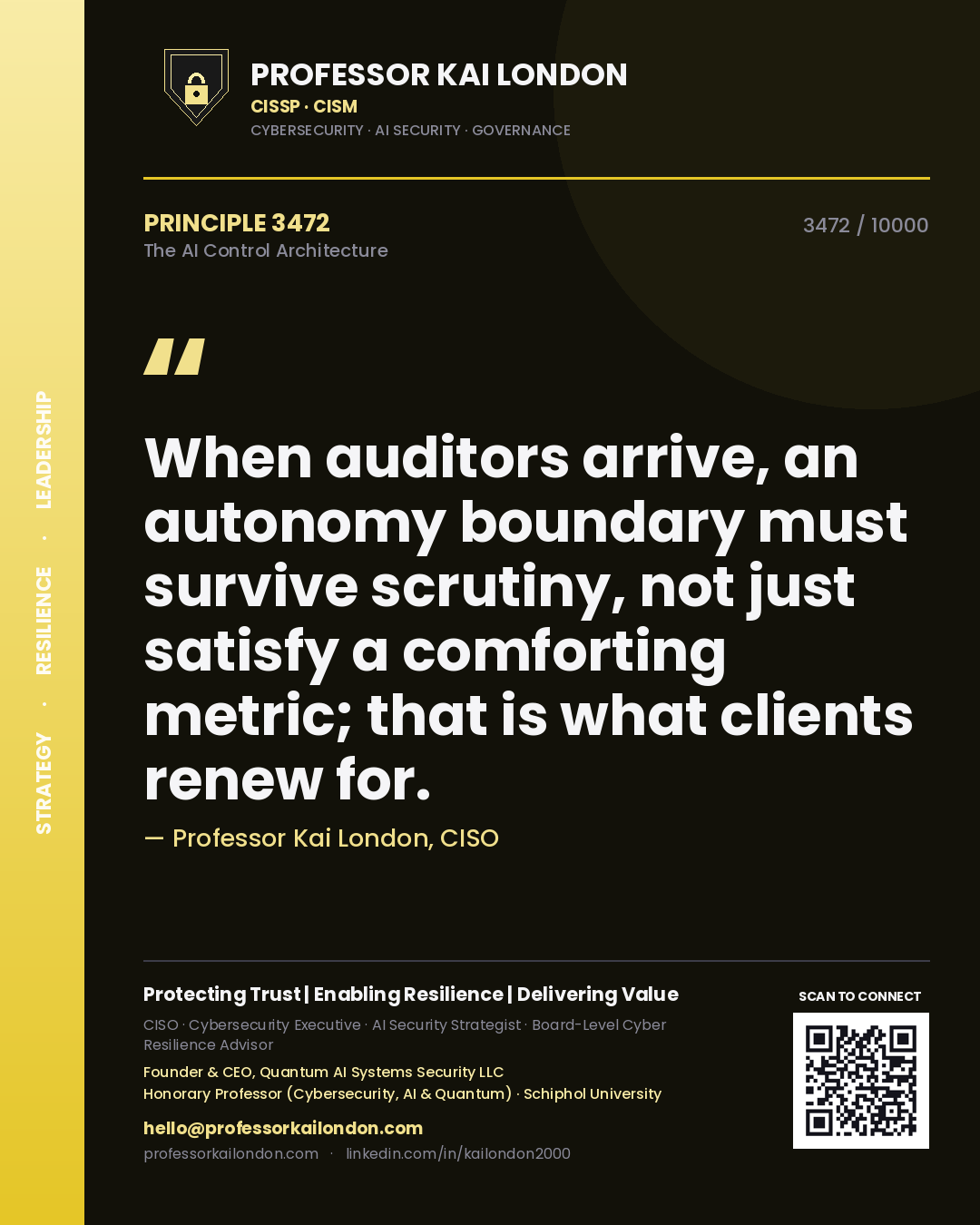 Quote card by Professor Kai London reading 'When auditors arrive, an autonomy boundary must survive scrutiny, not just satisfy a comforting metric; that is what clients renew for.'. From the book The AI Control Architecture.