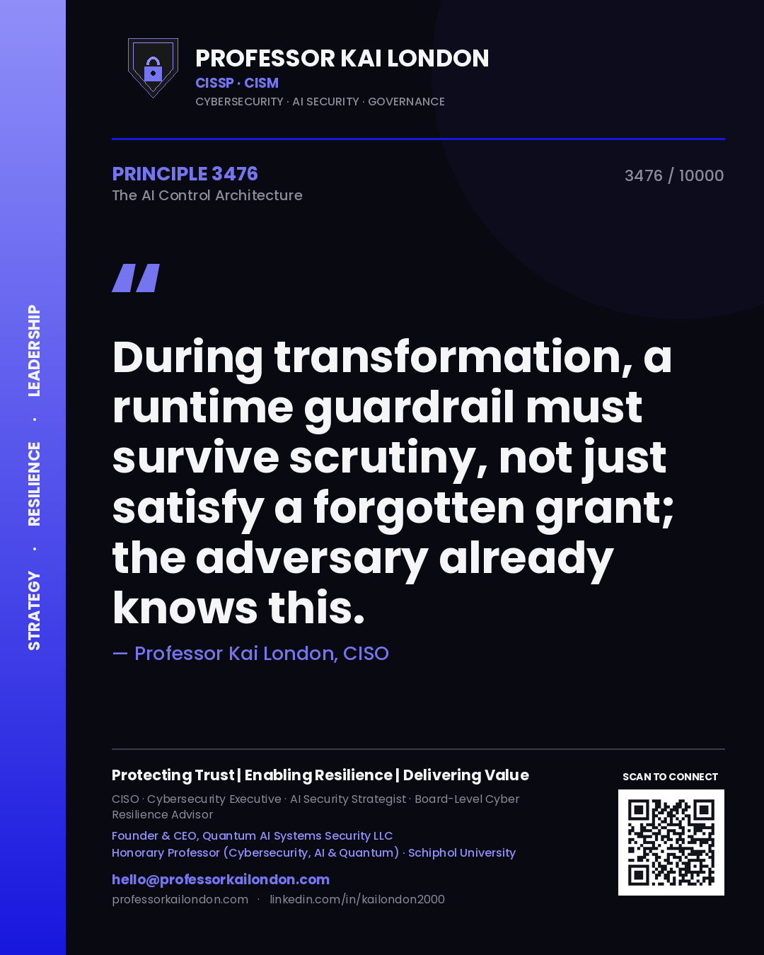 Quote card by Professor Kai London reading 'During transformation, a runtime guardrail must survive scrutiny, not just satisfy a forgotten grant; the adversary already knows this.'. From the book The AI Control Architecture.