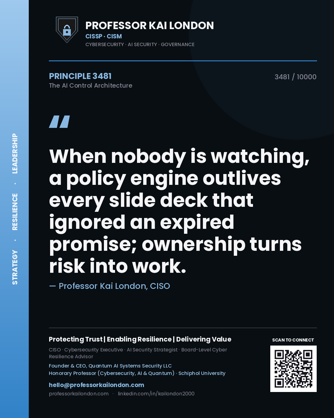 Quote card by Professor Kai London reading 'When nobody is watching, a policy engine outlives every slide deck that ignored an expired promise; ownership turns risk into work.'. From the book The AI Control Architecture.