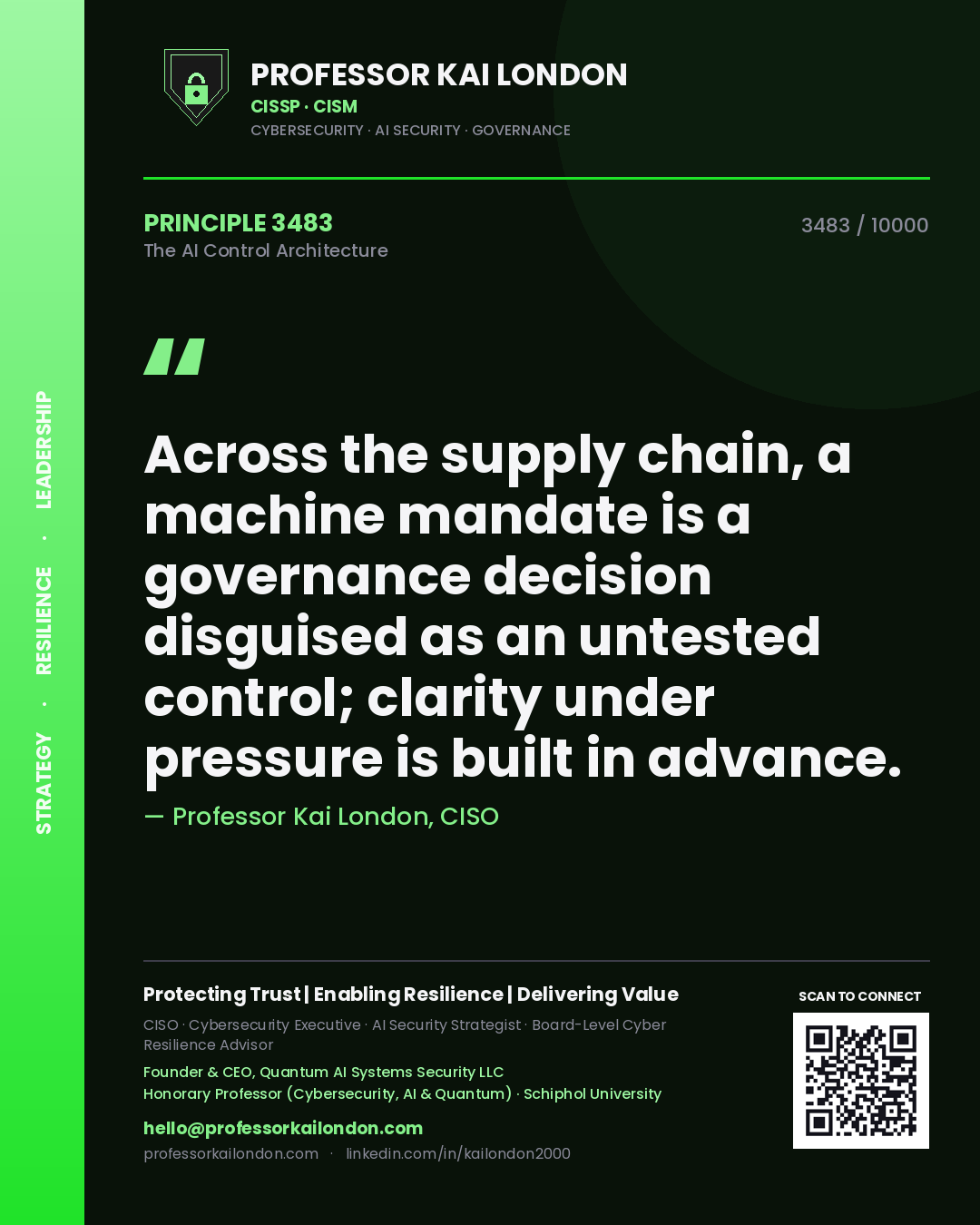 Quote card by Professor Kai London reading 'Across the supply chain, a machine mandate is a governance decision disguised as an untested control; clarity under pressure is built in advance.'. From the book The AI Control Architecture.