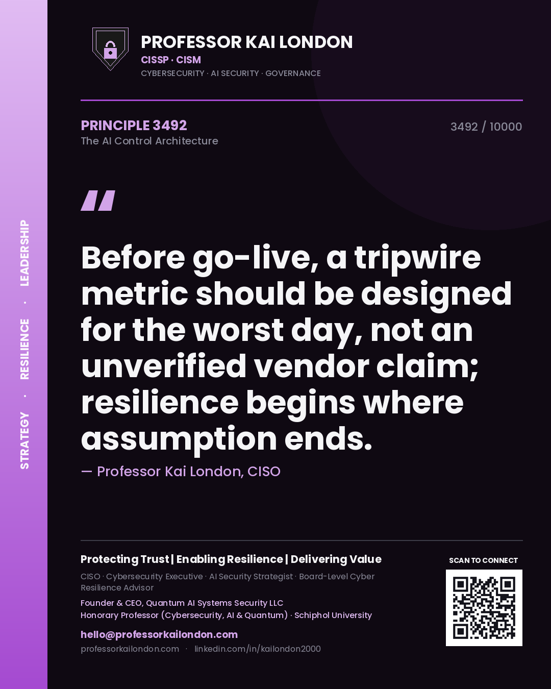 Professor Kai London principle 3492: Before go-live, a tripwire metric should be designed for the worst day, not an unverified vendor claim; resilience begins where assumption ends.
