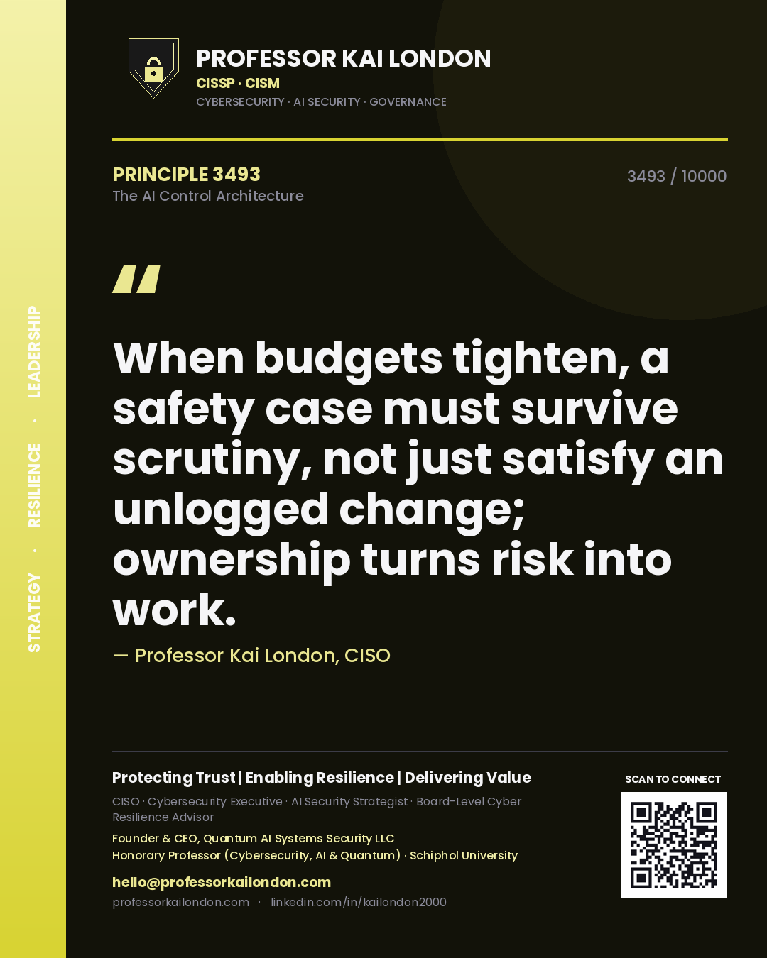 Quote card by Professor Kai London reading 'When budgets tighten, a safety case must survive scrutiny, not just satisfy an unlogged change; ownership turns risk into work.'. From the book The AI Control Architecture.