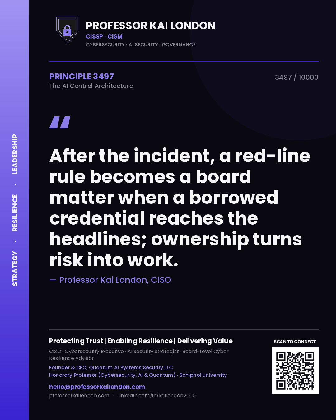 Professor Kai London principle 3497: After the incident, a red-line rule becomes a board matter when a borrowed credential reaches the headlines; ownership turns risk into work.