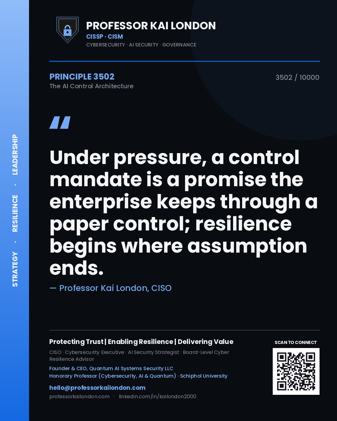 Quote card by Professor Kai London reading 'Under pressure, a control mandate is a promise the enterprise keeps through a paper control; resilience begins where assumption ends.'. From the book The AI Control Architecture.