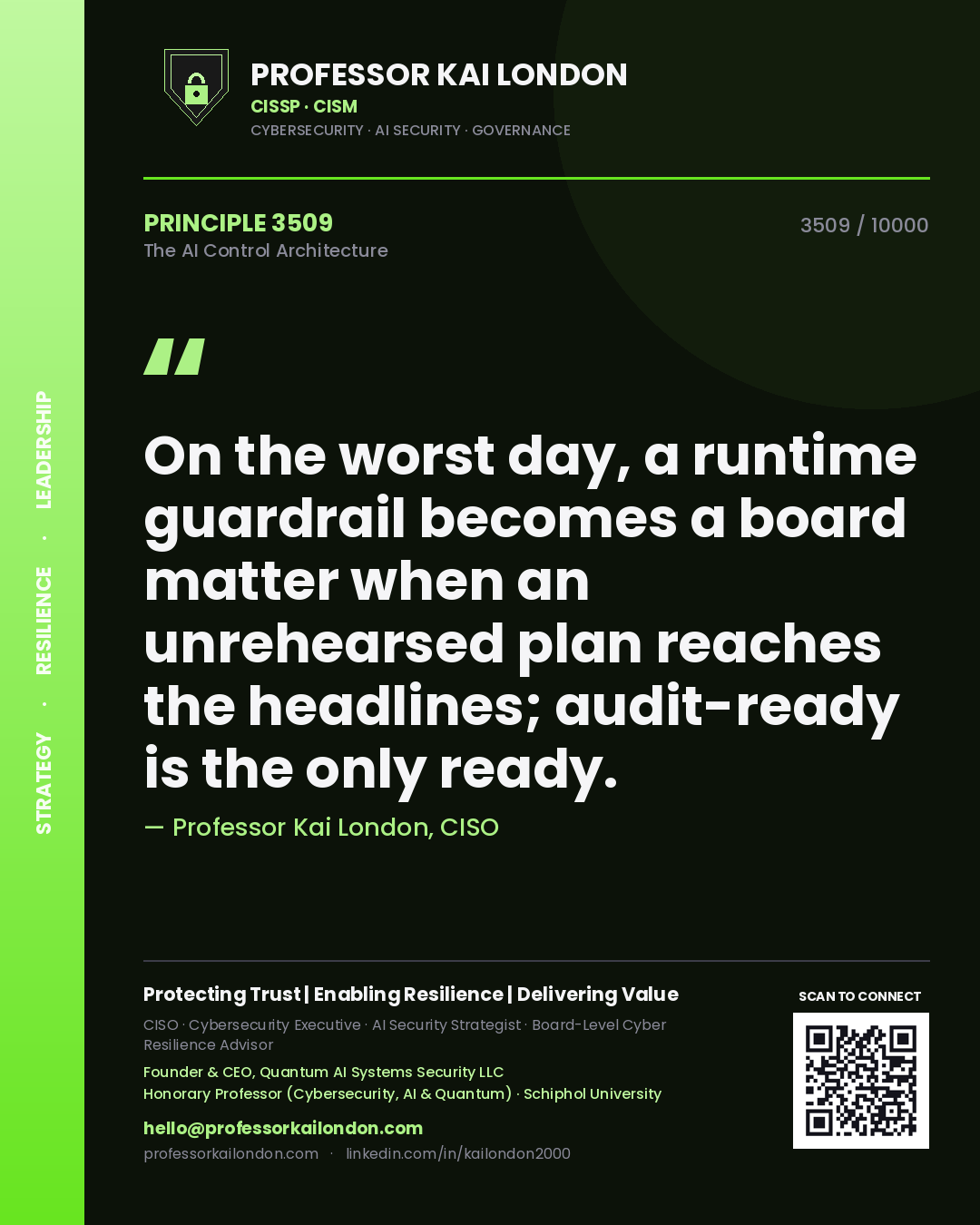 Quote card by Professor Kai London reading 'On the worst day, a runtime guardrail becomes a board matter when an unrehearsed plan reaches the headlines; audit-ready is the only ready.'. From the book The AI Control Architecture.