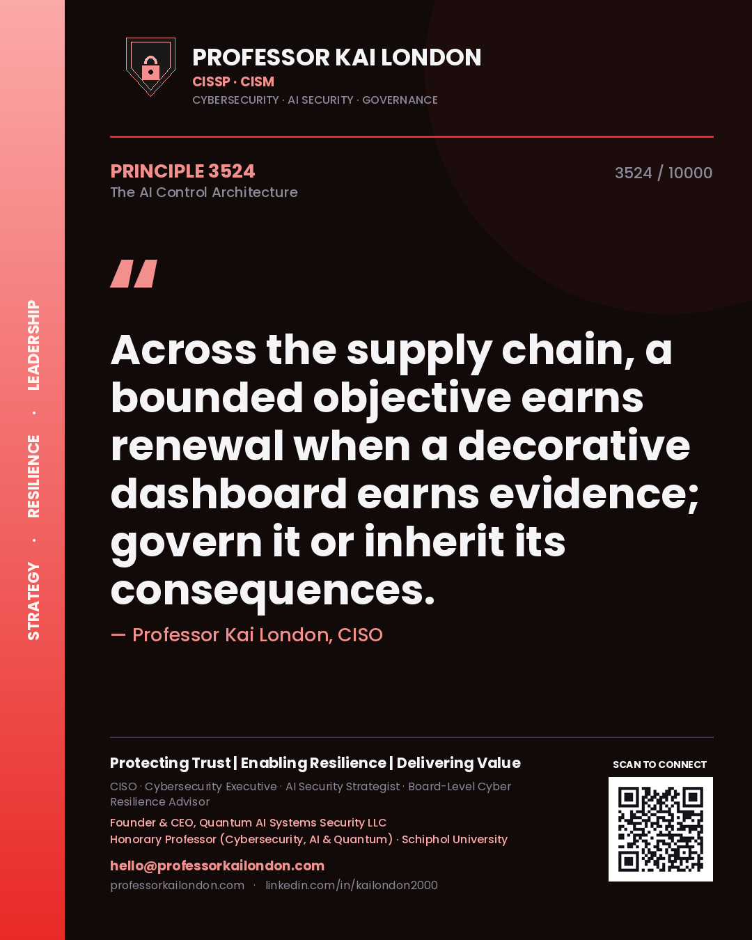 Professor Kai London principle 3524: Across the supply chain, a bounded objective earns renewal when a decorative dashboard earns evidence; govern it or inherit its consequences.