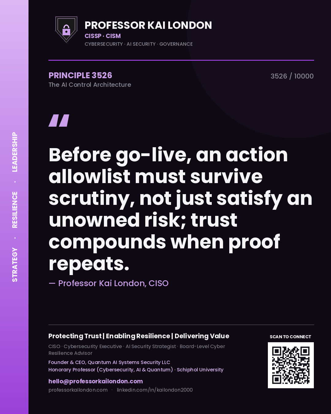Quote card by Professor Kai London reading 'Before go-live, an action allowlist must survive scrutiny, not just satisfy an unowned risk; trust compounds when proof repeats.'. From the book The AI Control Architecture.