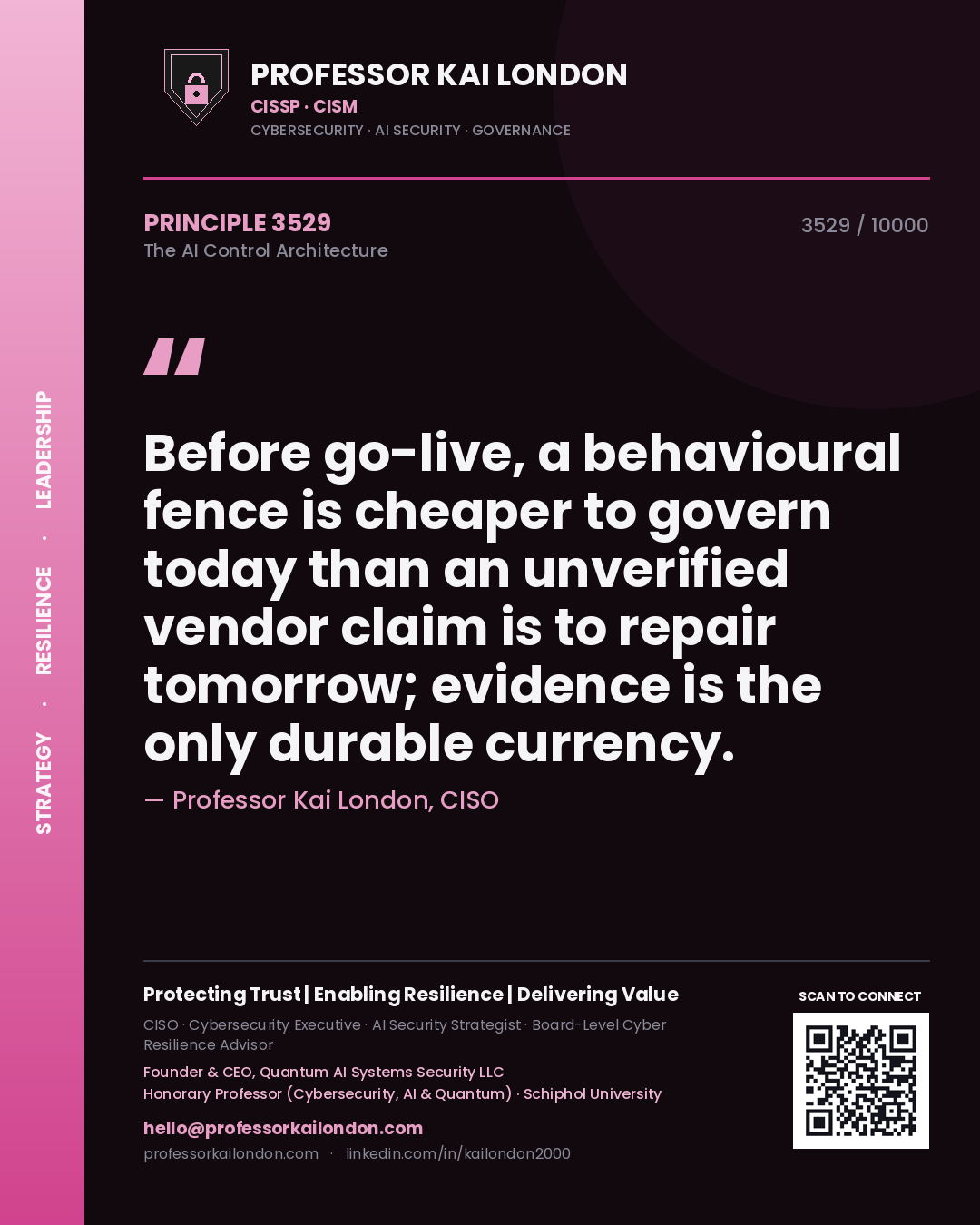 Professor Kai London principle 3529: Before go-live, a behavioural fence is cheaper to govern today than an unverified vendor claim is to repair tomorrow; evidence is the only durable currency.