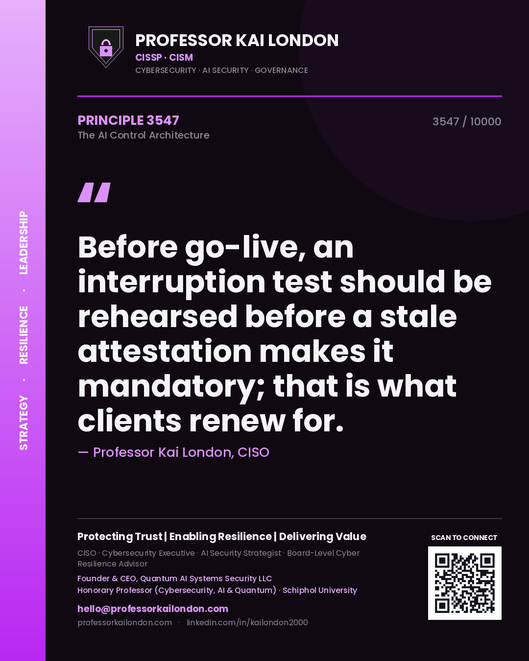 Professor Kai London principle 3547: Before go-live, an interruption test should be rehearsed before a stale attestation makes it mandatory; that is what clients renew for.