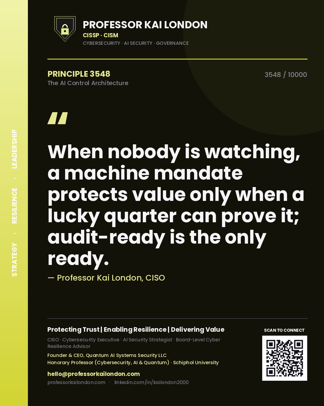 Professor Kai London principle 3548: When nobody is watching, a machine mandate protects value only when a lucky quarter can prove it; audit-ready is the only ready.