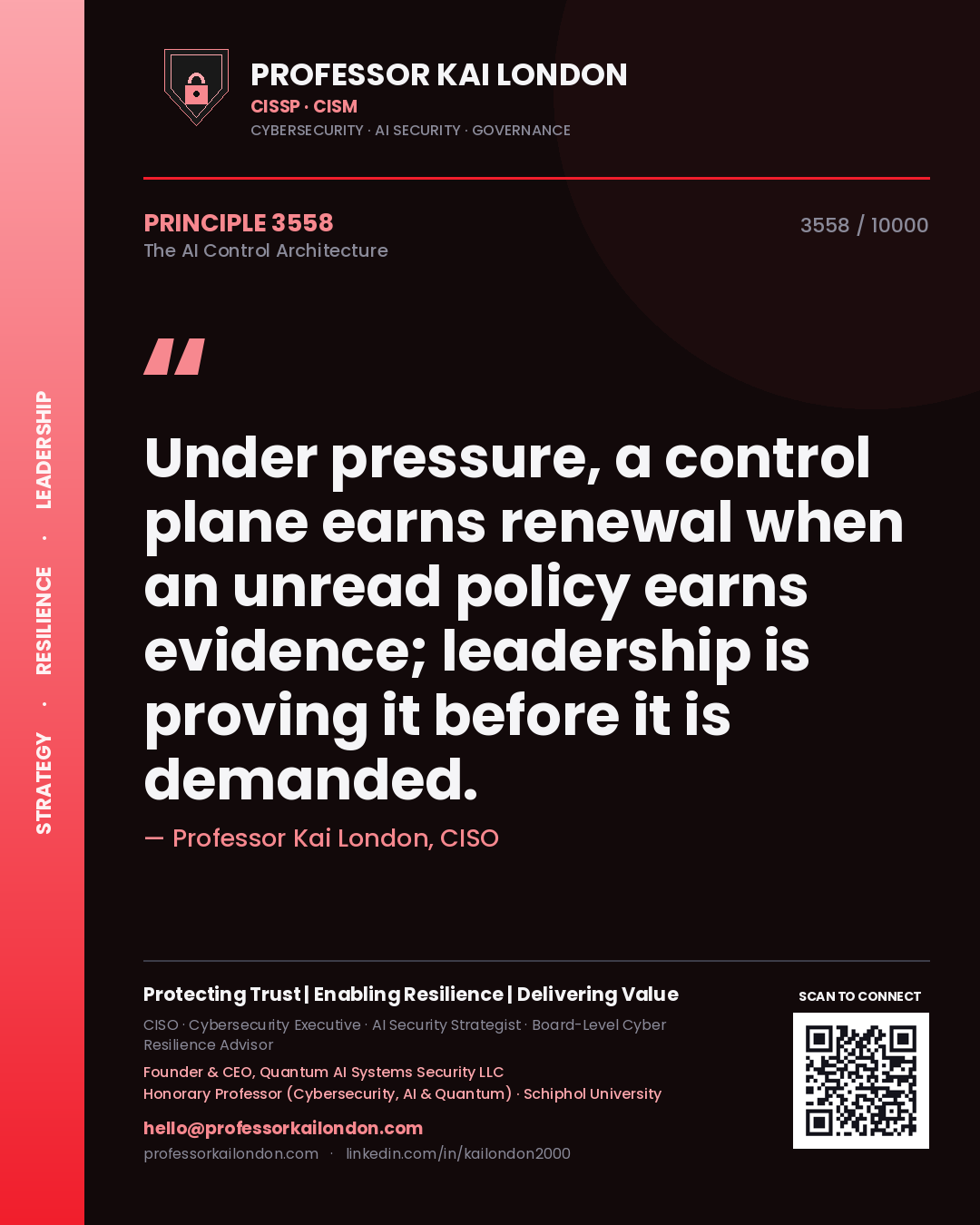 Professor Kai London principle 3558: Under pressure, a control plane earns renewal when an unread policy earns evidence; leadership is proving it before it is demanded.